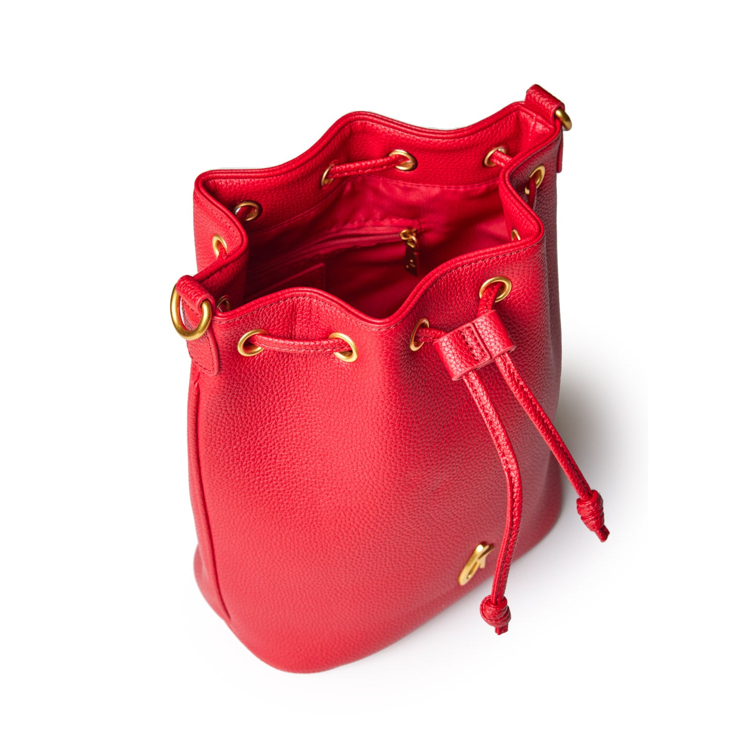 Red medium pebble bucket bag with gold-tone eyelet accents, drawstring closure, and interior zip pocket.