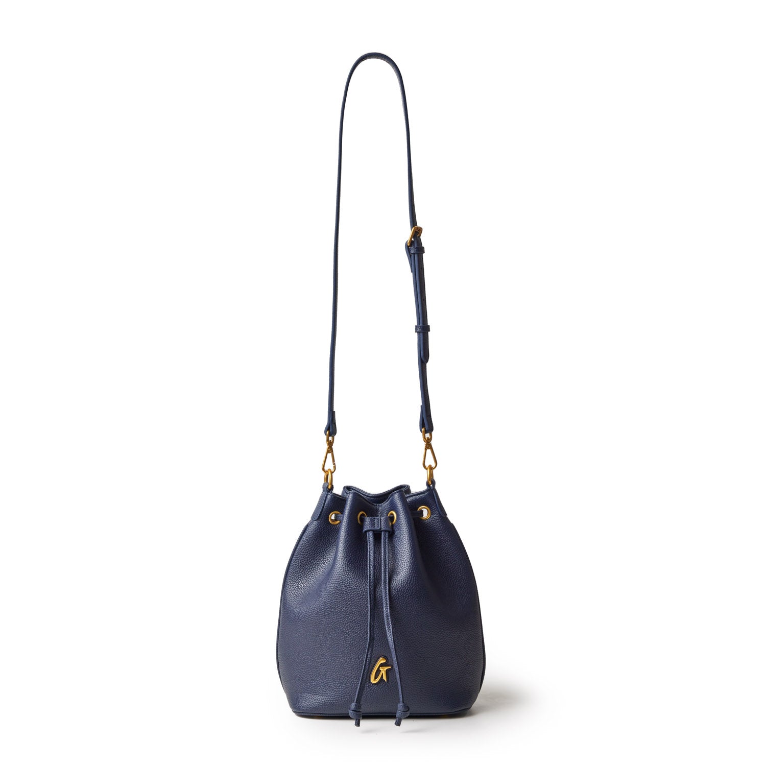 Medium navy pebble bucket bag with gold hardware, drawstring closure, and adjustable shoulder strap.