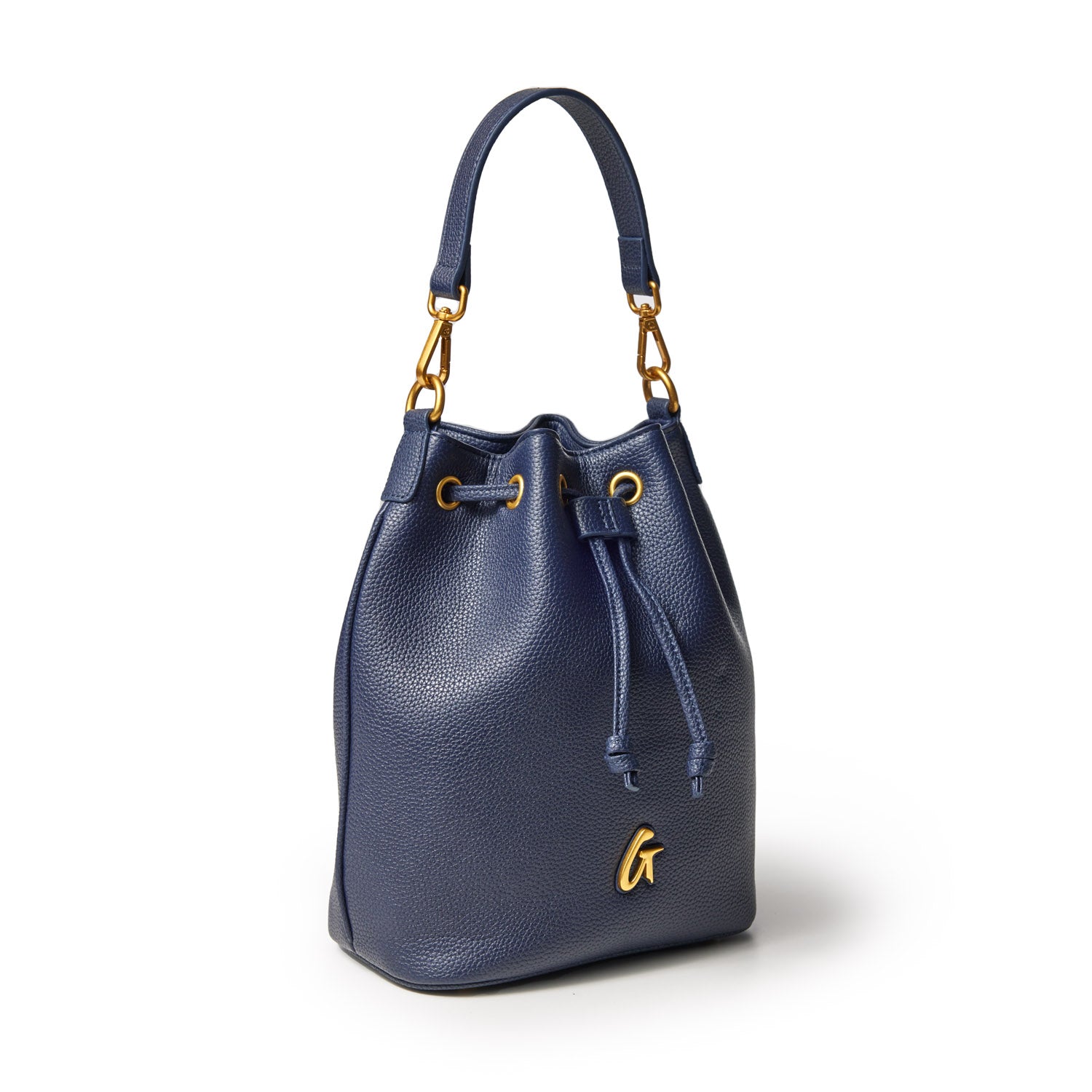 Medium navy pebble leather bucket bag with gold hardware, drawstring closure, and a top handle.