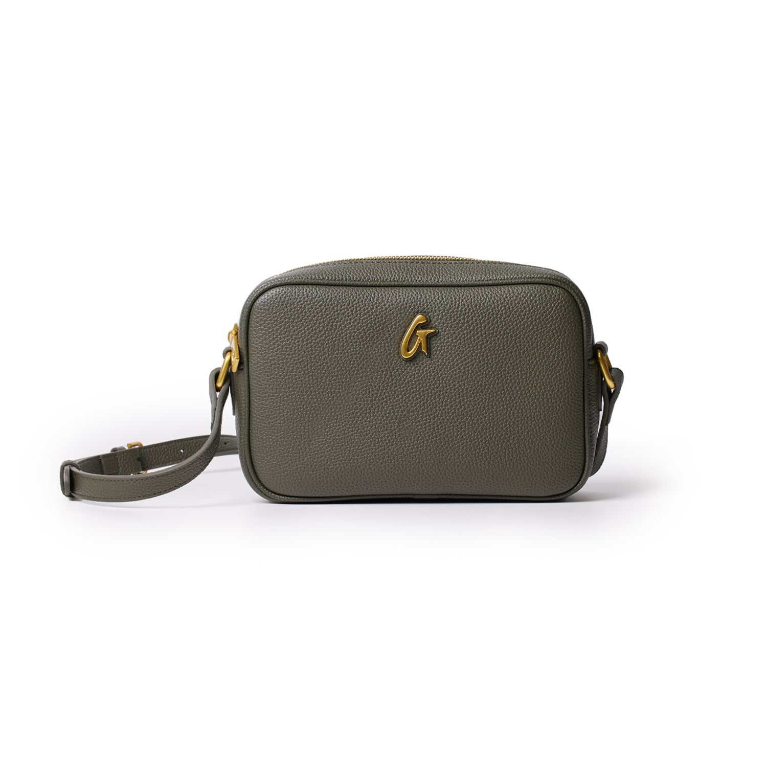 Olive green pebble leather camera bag with gold hardware and adjustable strap, designed for carrying photography essentials.