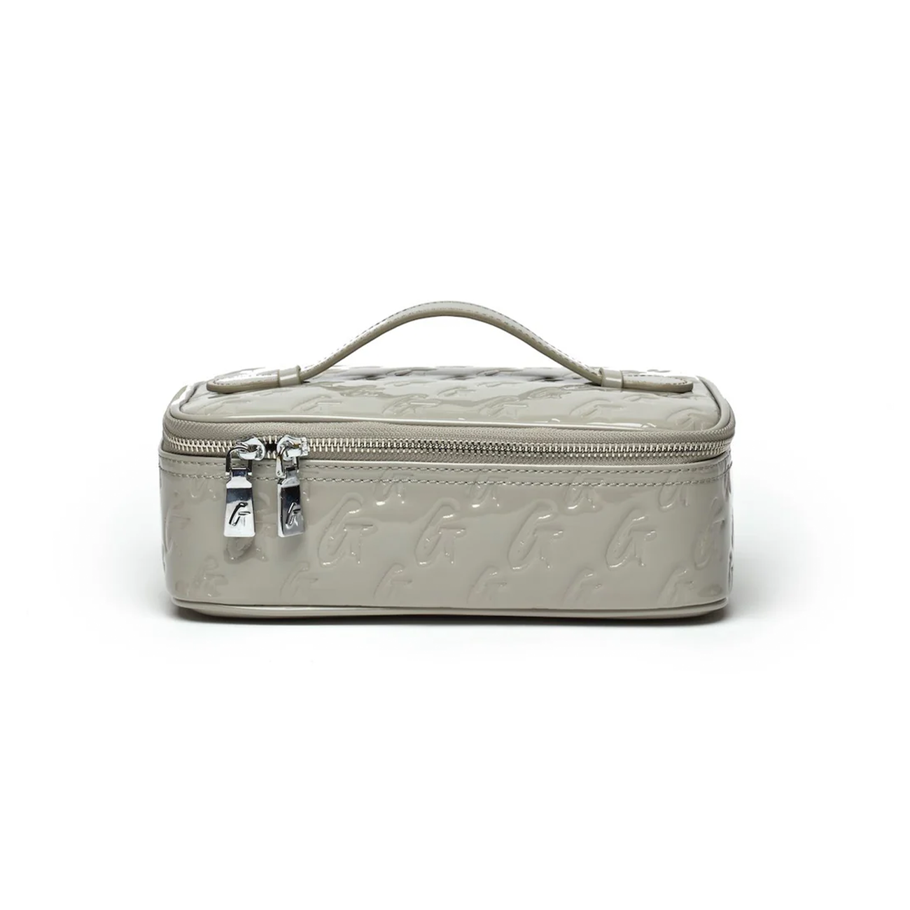 Medium monogram toiletry bag in mirror gray with a zip closure and top handle for easy carrying. Ideal for travel.