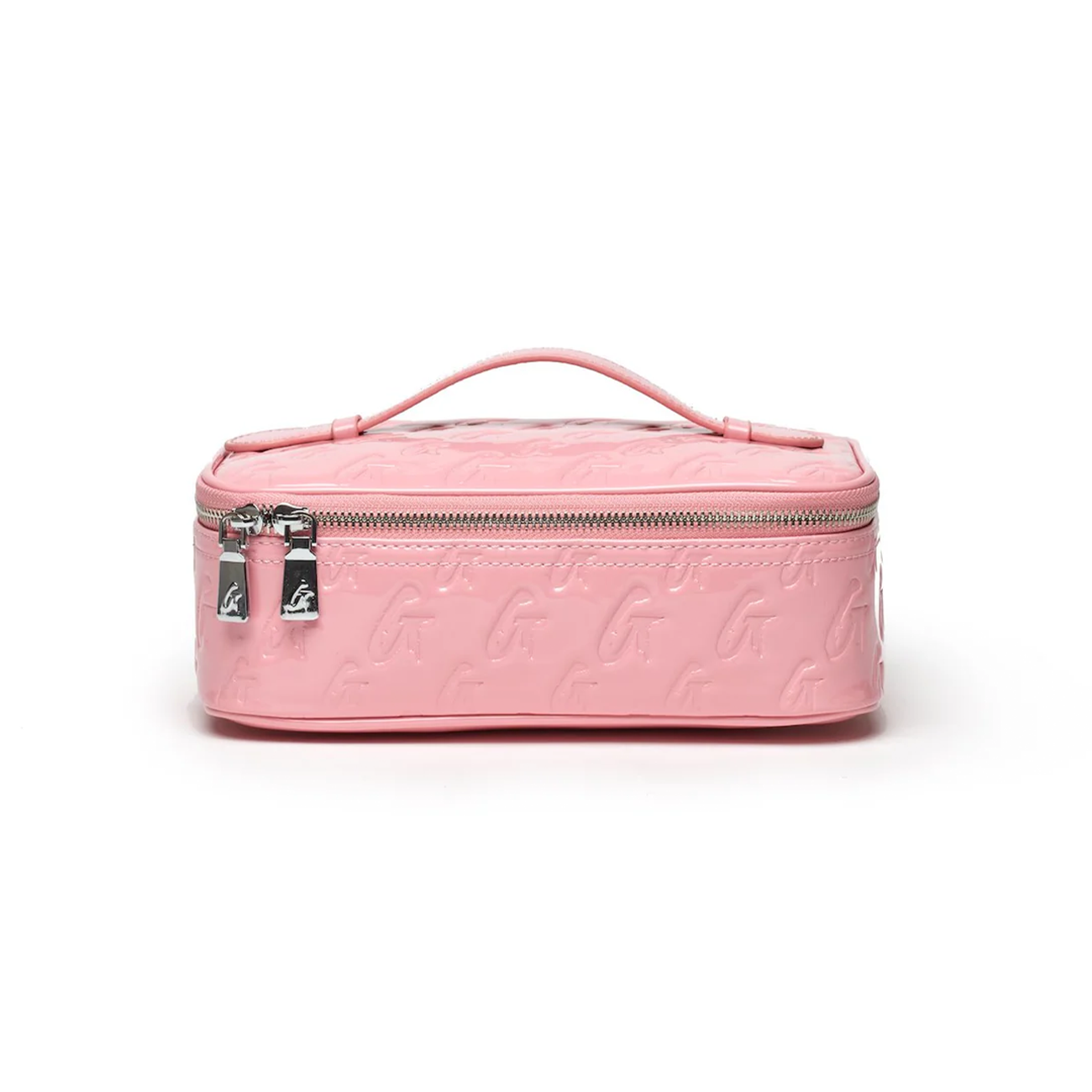 Medium monogram toiletry bag in mirror pink with a zip closure and top handle for easy carrying. Ideal for travel.