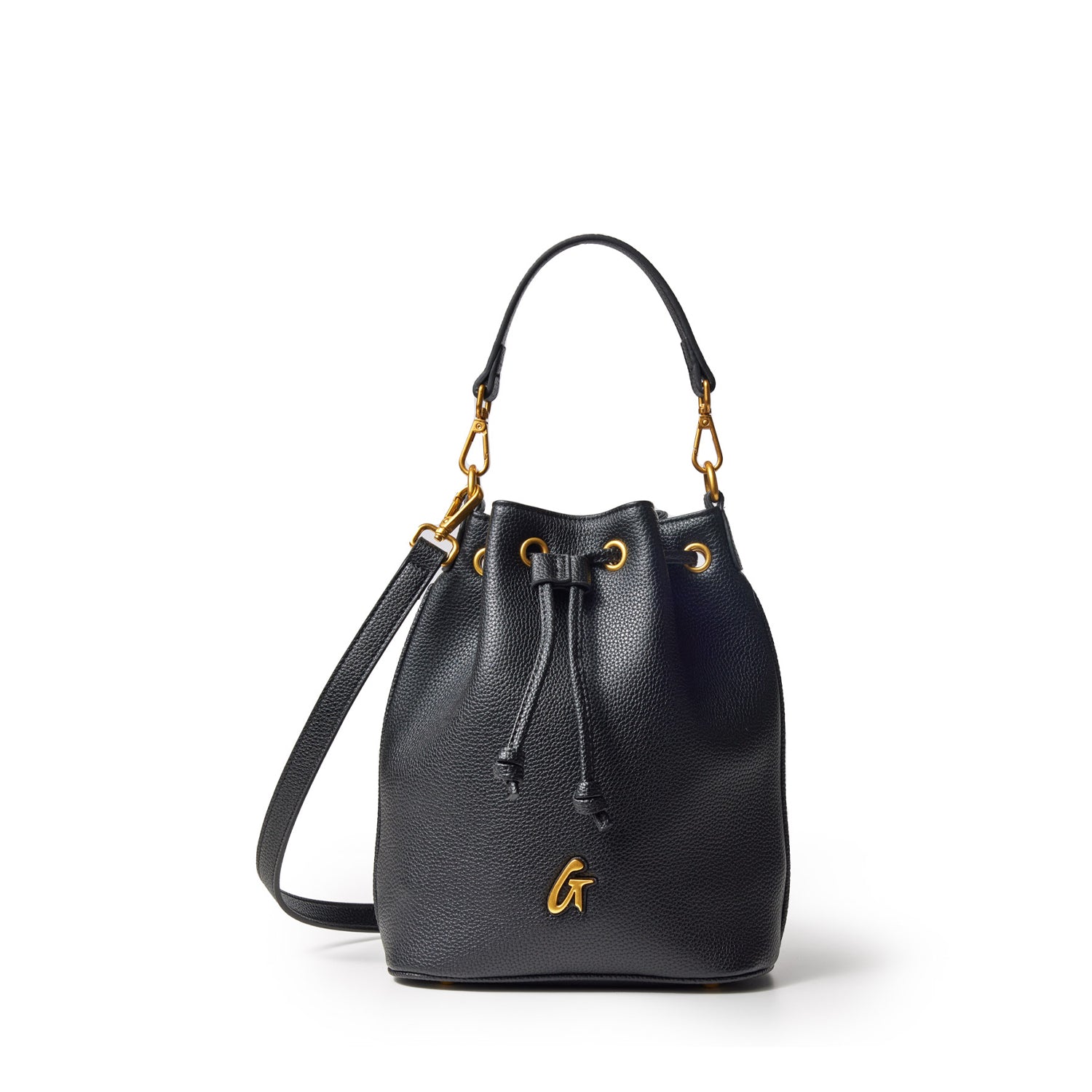 Black medium pebble bucket bag with gold hardware, drawstring closure, and adjustable shoulder strap.