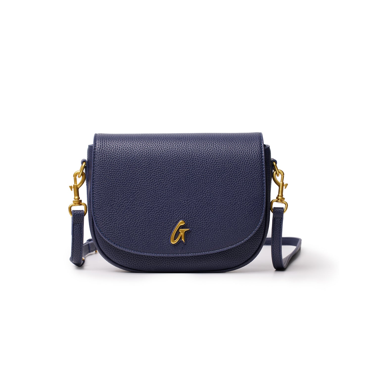 Medium navy pebble shoulder bag with gold hardware, a flap closure, and a gold "G" logo on the front.