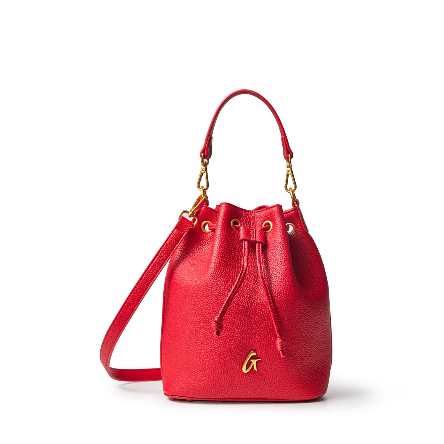 Red medium pebble bucket bag with gold hardware, adjustable strap, drawstring closure, and a gold "G" logo.