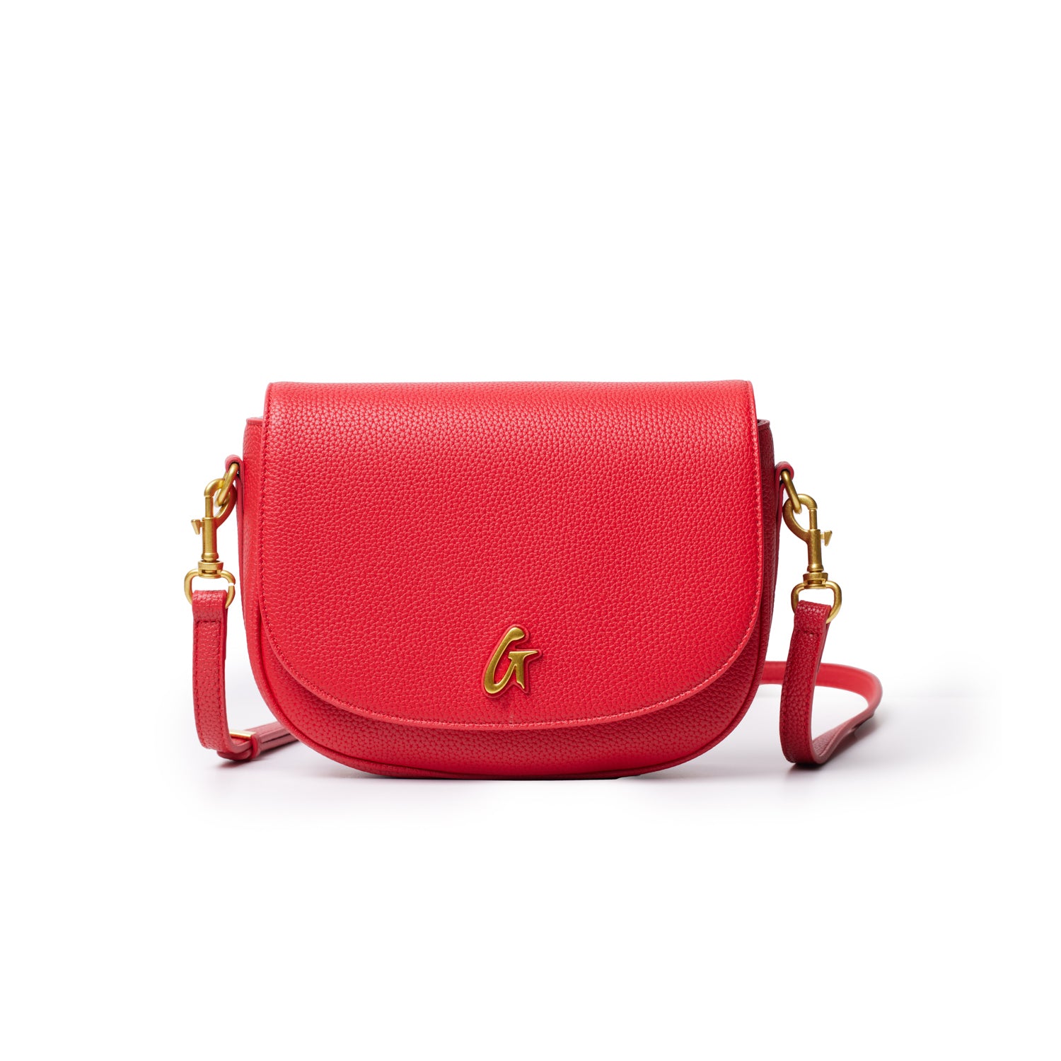 Medium red pebble leather shoulder bag with gold hardware and a front logo, featuring an adjustable strap for versatile wear.