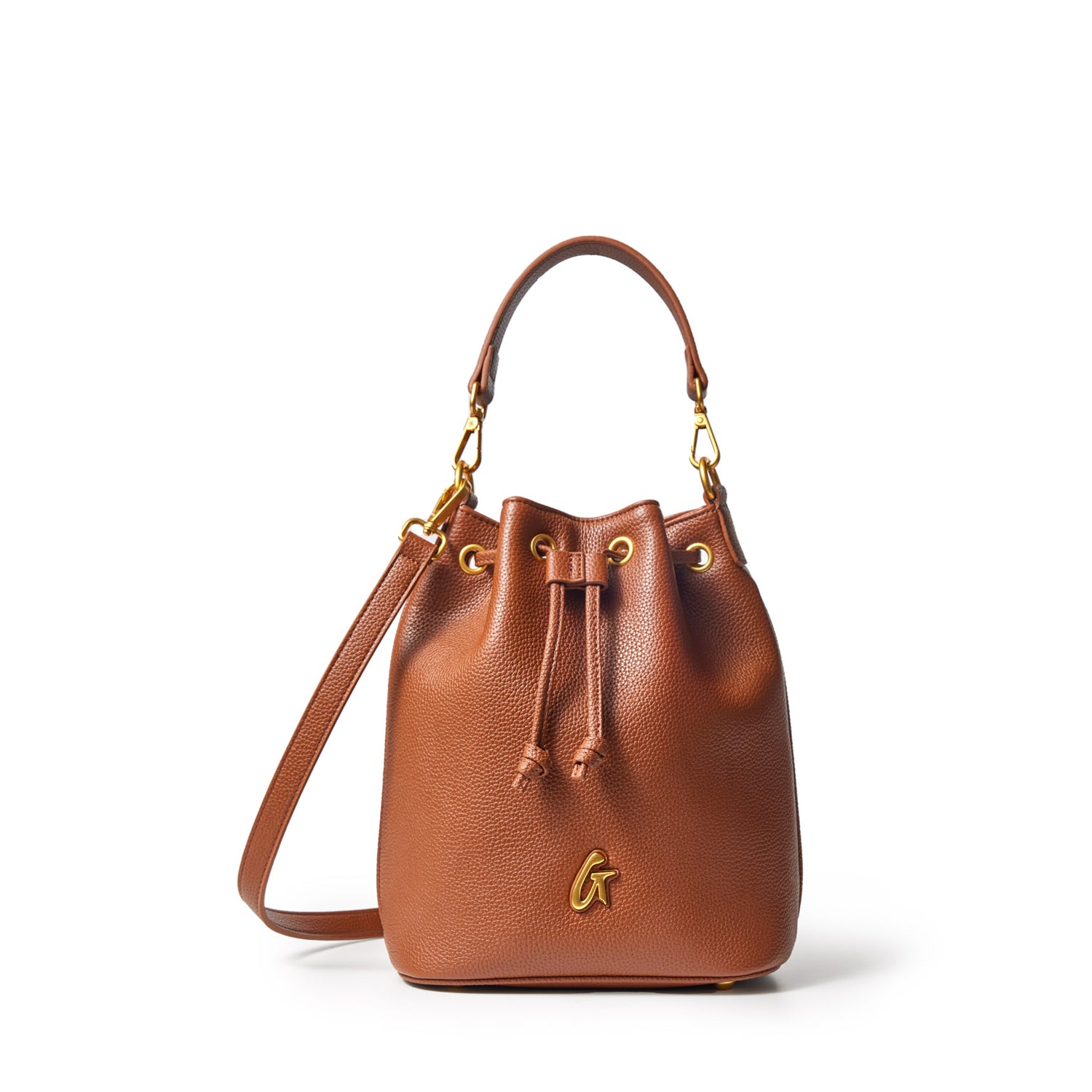 Medium brown pebble-textured bucket bag with gold hardware, drawstring closure, and a top handle.