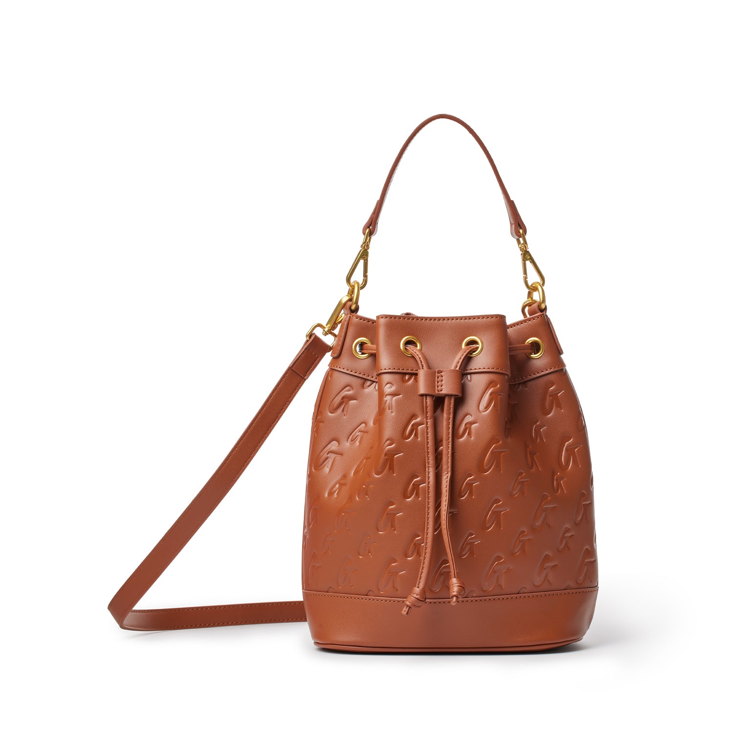 Medium brown bucket bag with embossed monogram pattern, gold hardware, adjustable strap, and drawstring closure.