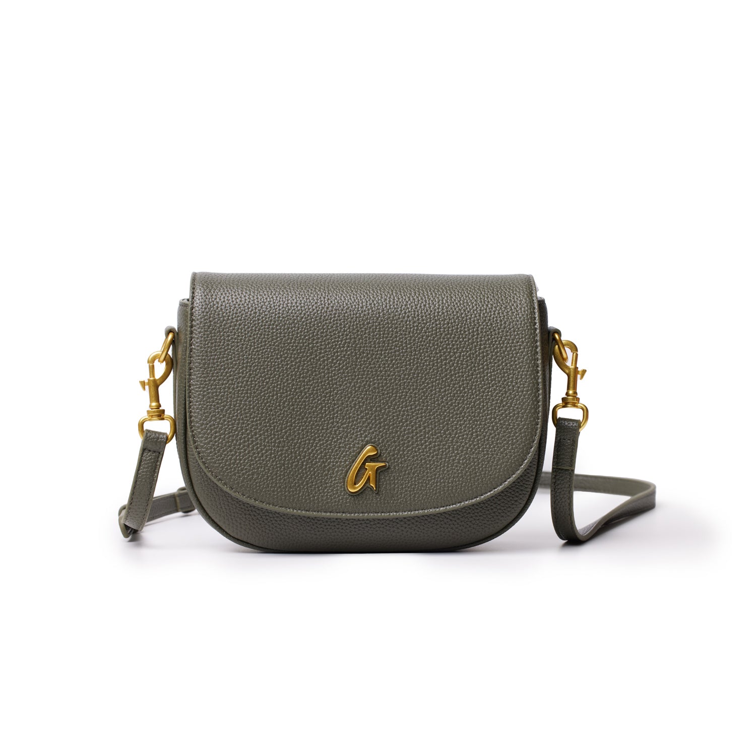 Medium olive green pebble leather shoulder bag with gold hardware and adjustable strap, featuring a front flap and logo detail.