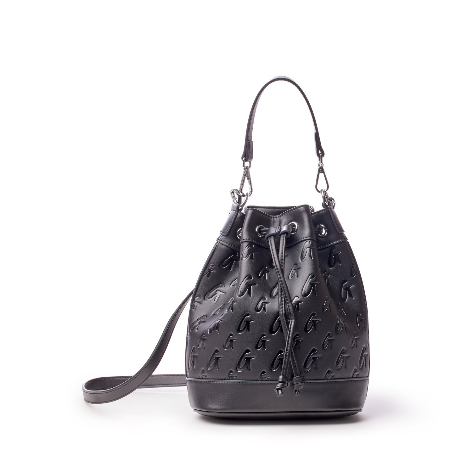 Black medium monogram bucket bag with embossed G pattern, drawstring closure, and adjustable shoulder strap.