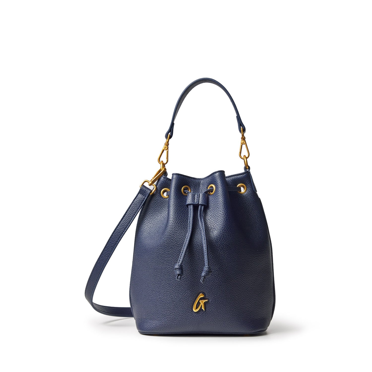 Medium navy pebble leather bucket bag with gold hardware, drawstring closure, and adjustable strap.