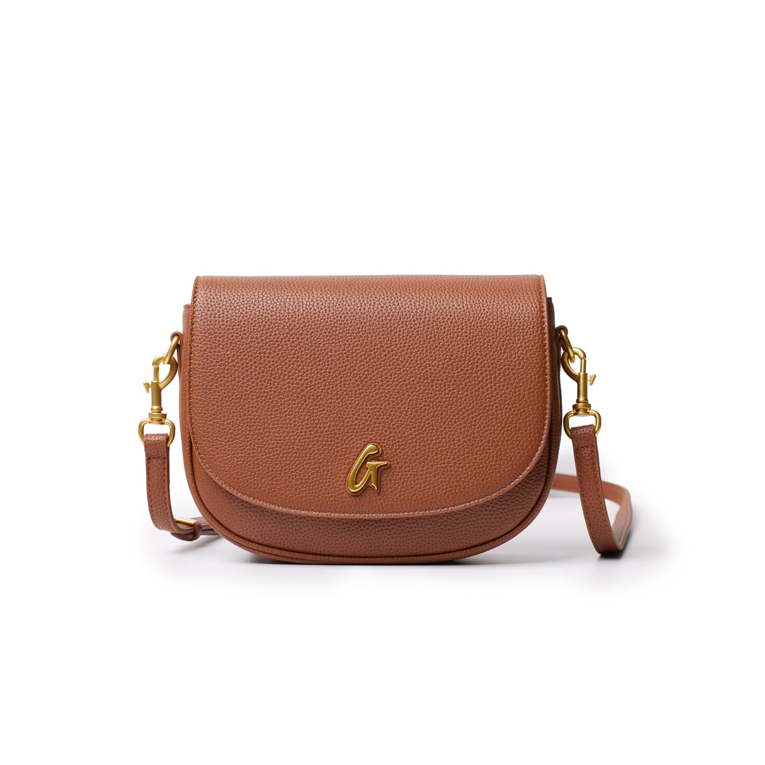 Medium brown pebble leather shoulder bag with gold hardware and a front "G" logo, featuring an adjustable strap.