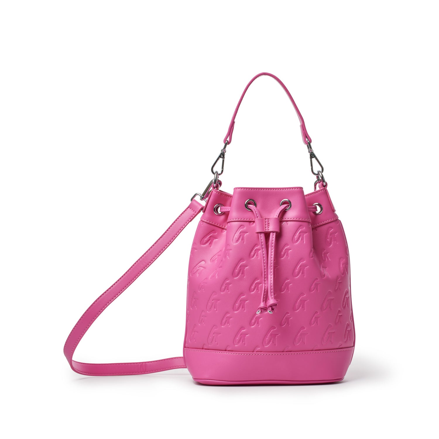Medium hot pink bucket bag with embossed monogram pattern, adjustable strap, and drawstring closure.