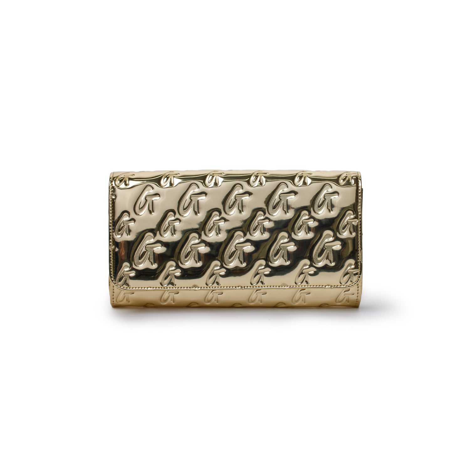 Metallic gold travel wallet with embossed monogram G pattern, sleek and shiny, designed for stylish travel accessories.