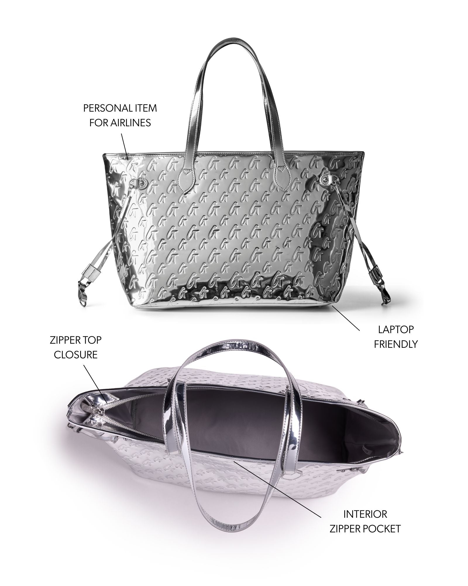METALLIC MONOGRAM GLAM TOTE - METALLIC SILVER