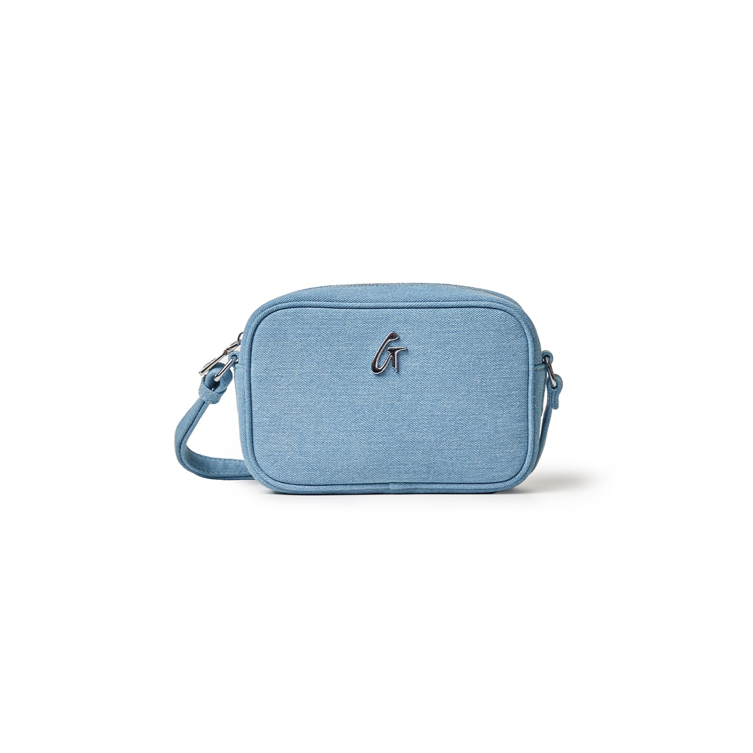 Mini denim silver camera bag with a shoulder strap and a metallic logo on the front, perfect for casual outings.