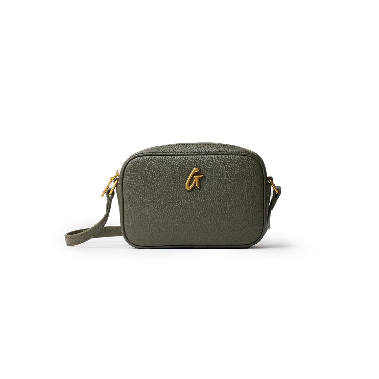 Olive green Mini Pebble Camera Bag with gold hardware and a detachable strap, designed for compact camera storage.