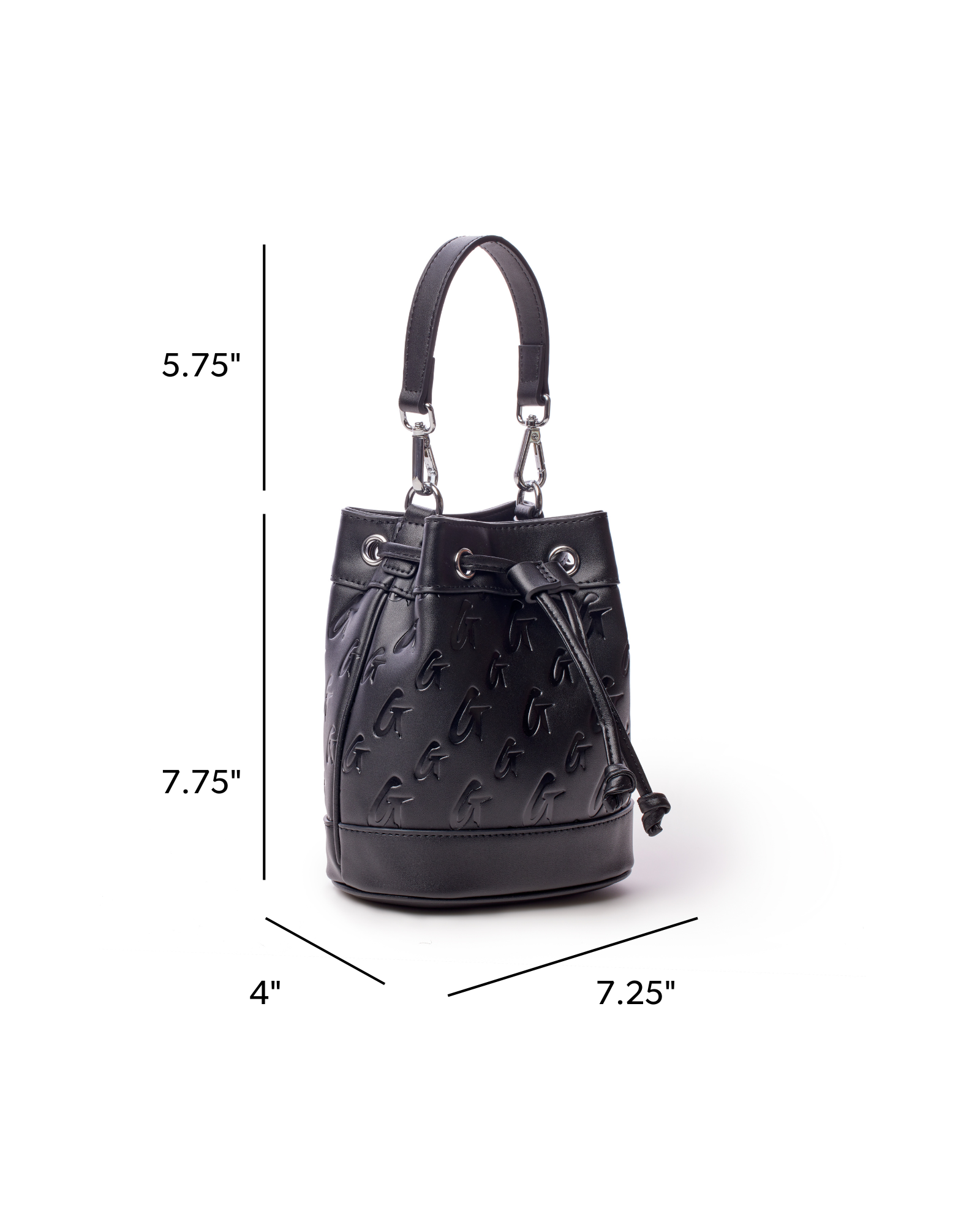 Mini monogram bucket bag in black with a sleek design, featuring a drawstring closure and adjustable shoulder strap.