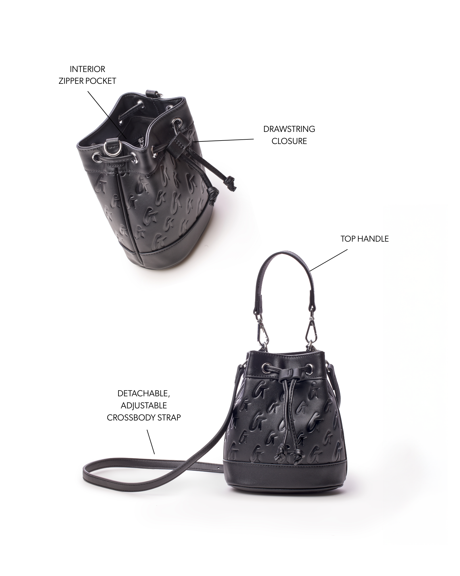 Black mini monogram bucket bag featuring a drawstring closure, top handle, and detachable adjustable crossbody strap.