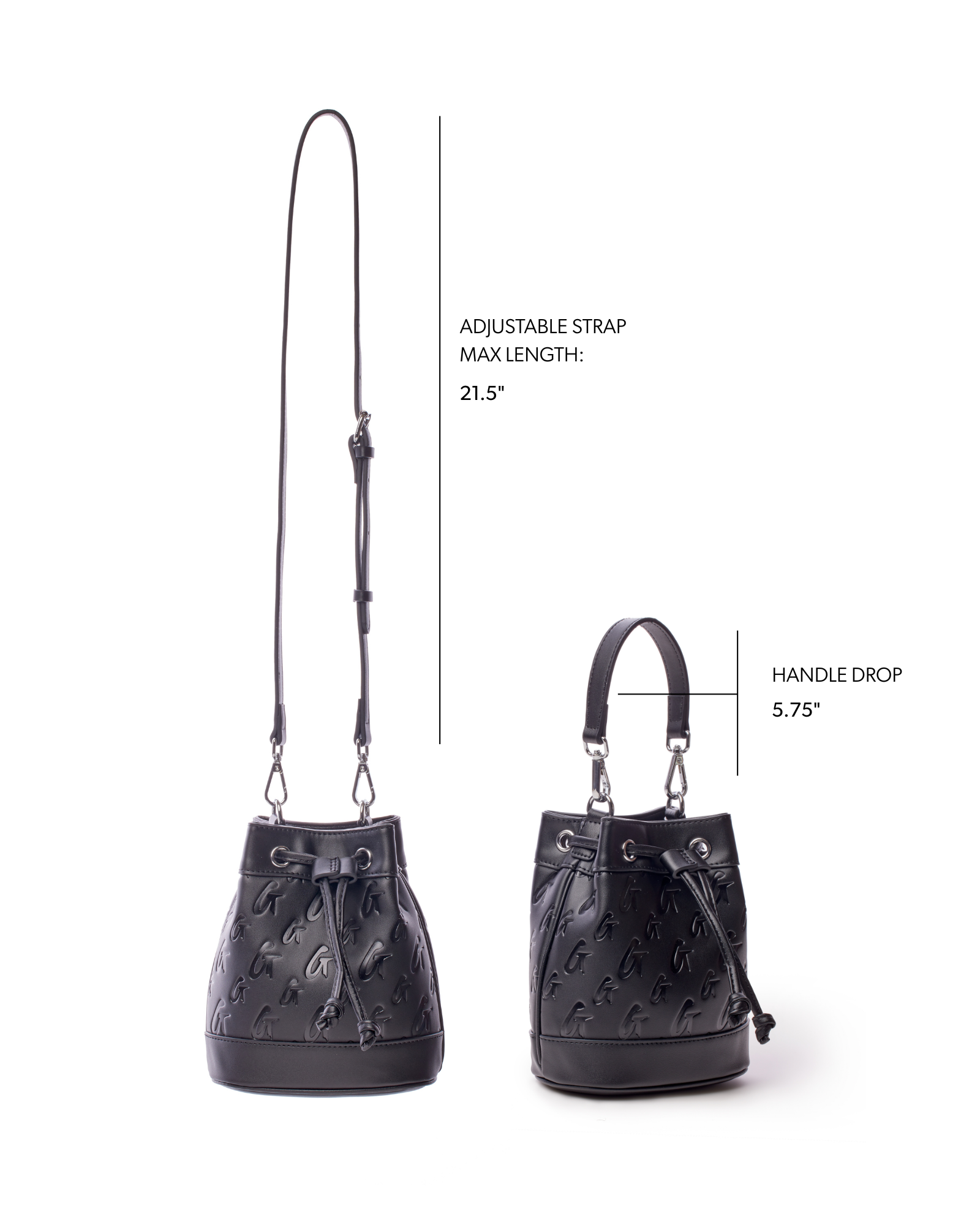 Black mini monogram bucket bag with adjustable strap and handle drop, featuring stylish embossed logo design.