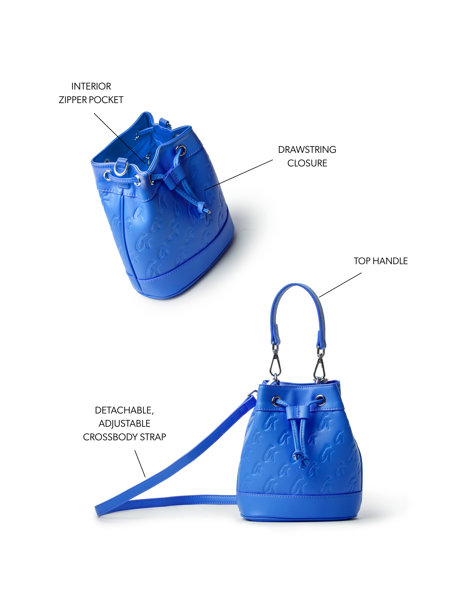 Blue mini monogram bucket bag featuring a drawstring closure, top handle, and detachable adjustable crossbody strap.