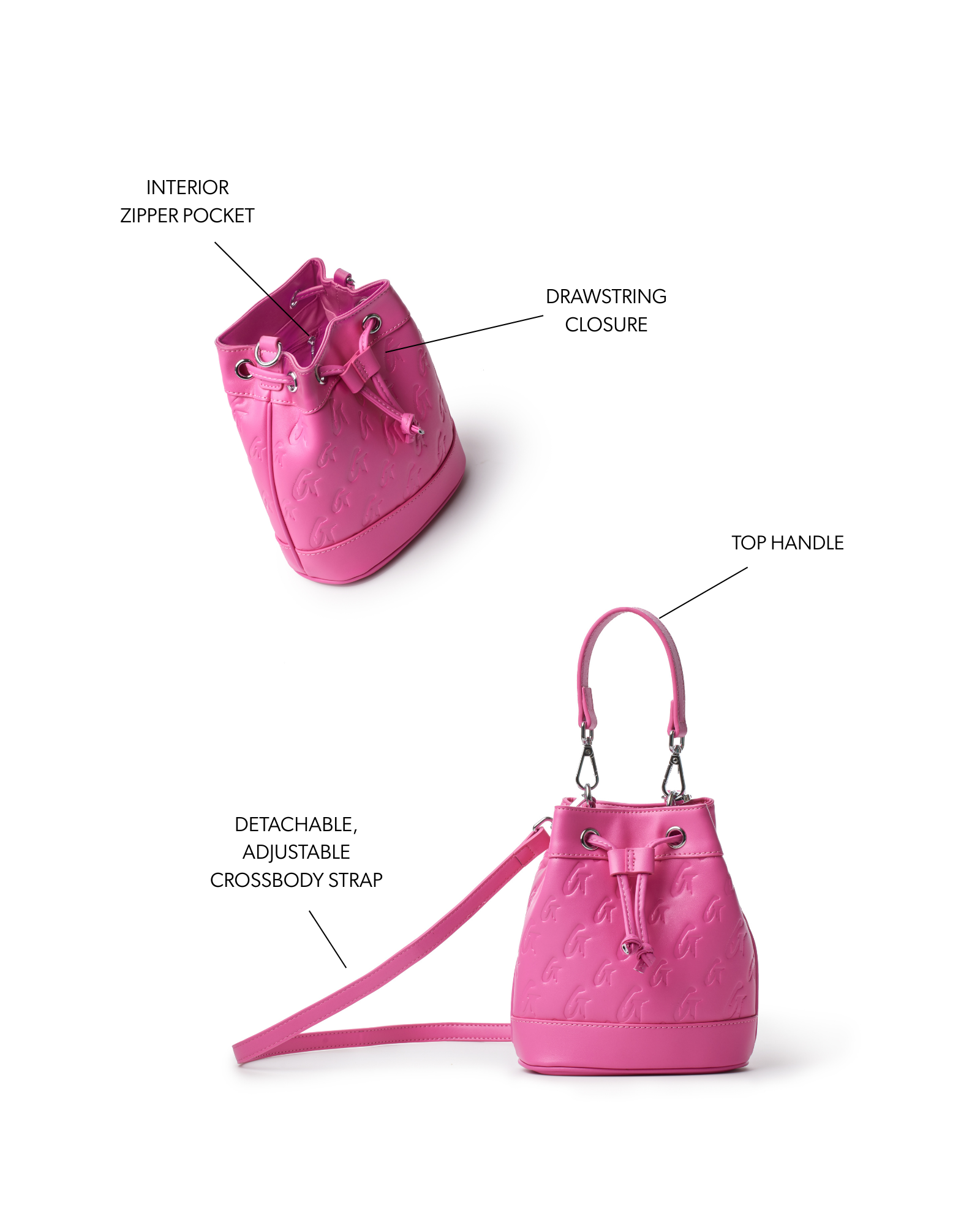 Hot pink mini monogram bucket bag featuring a drawstring closure, top handle, and adjustable crossbody strap.