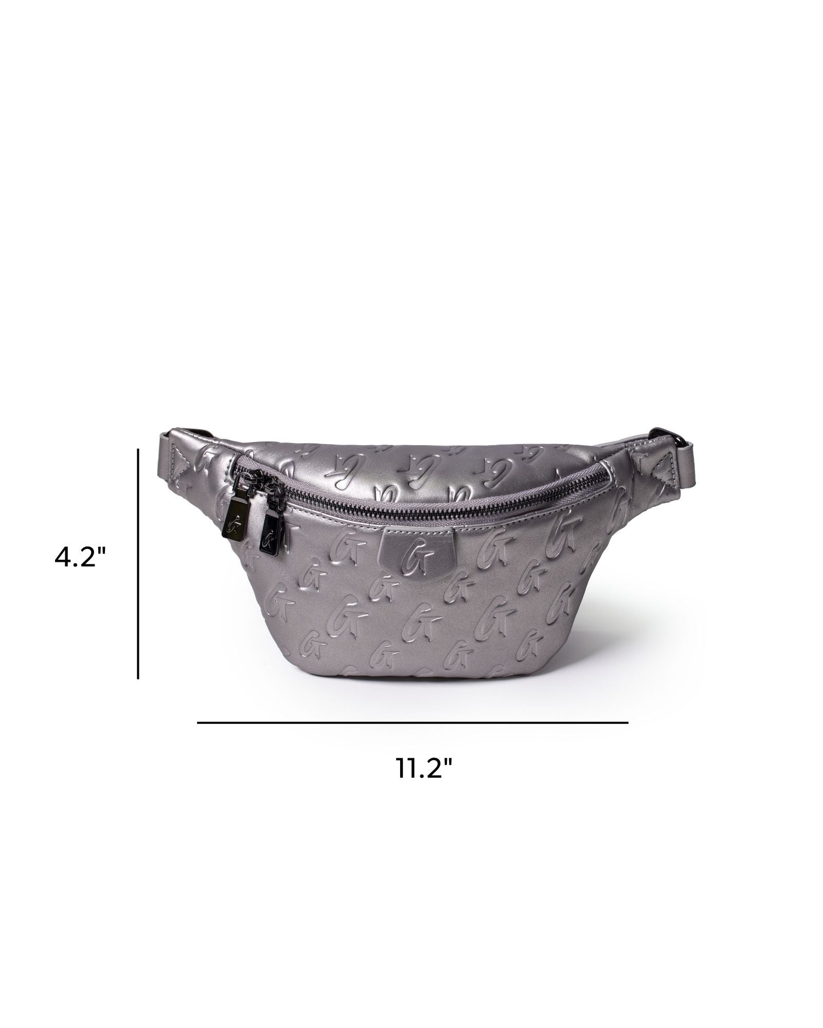 Mini monogram fanny pack in platinum with embossed logo, featuring a zip closure and adjustable strap.