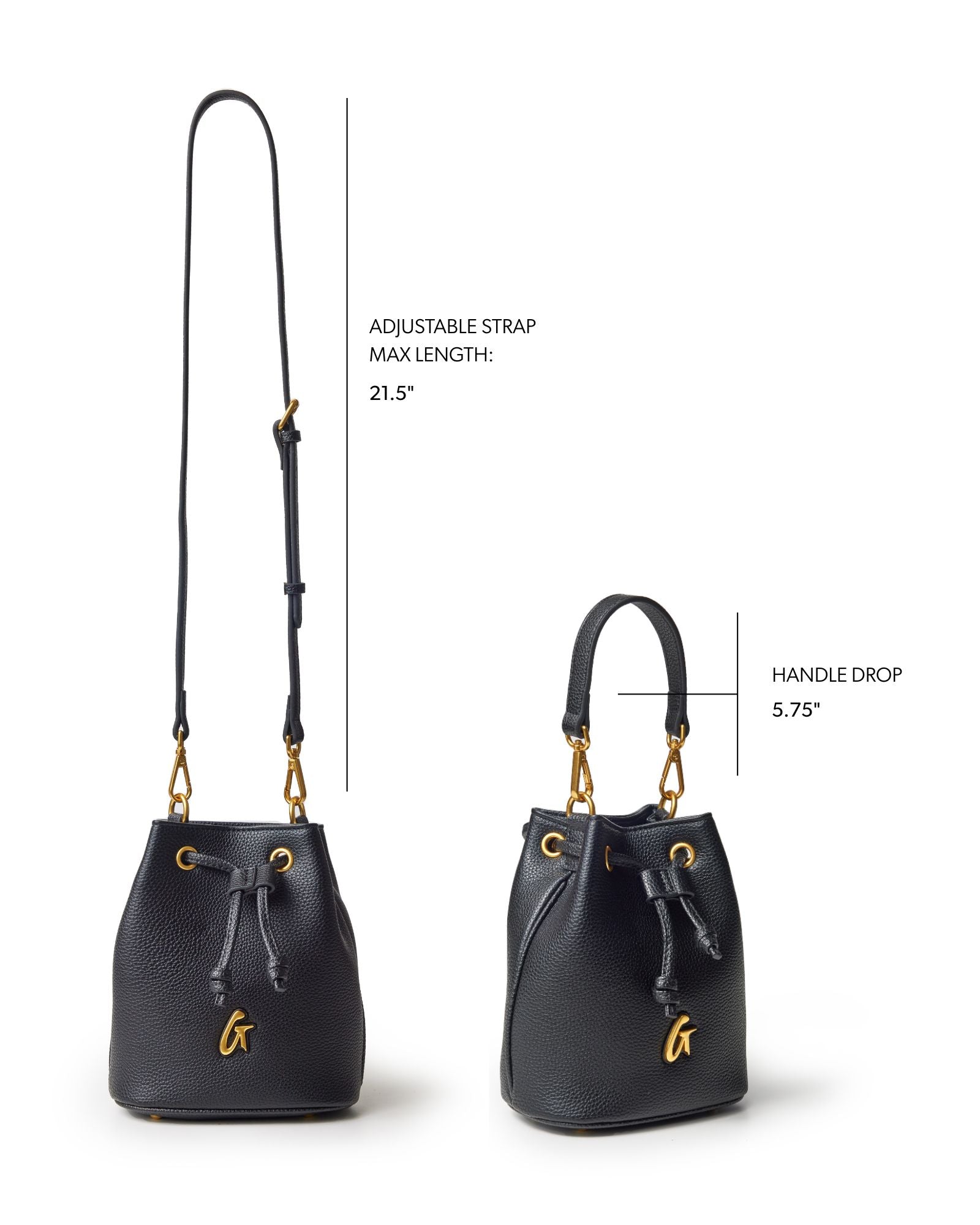 Mini pebble bucket bag in black with adjustable strap and gold accents, perfect for stylish everyday use.