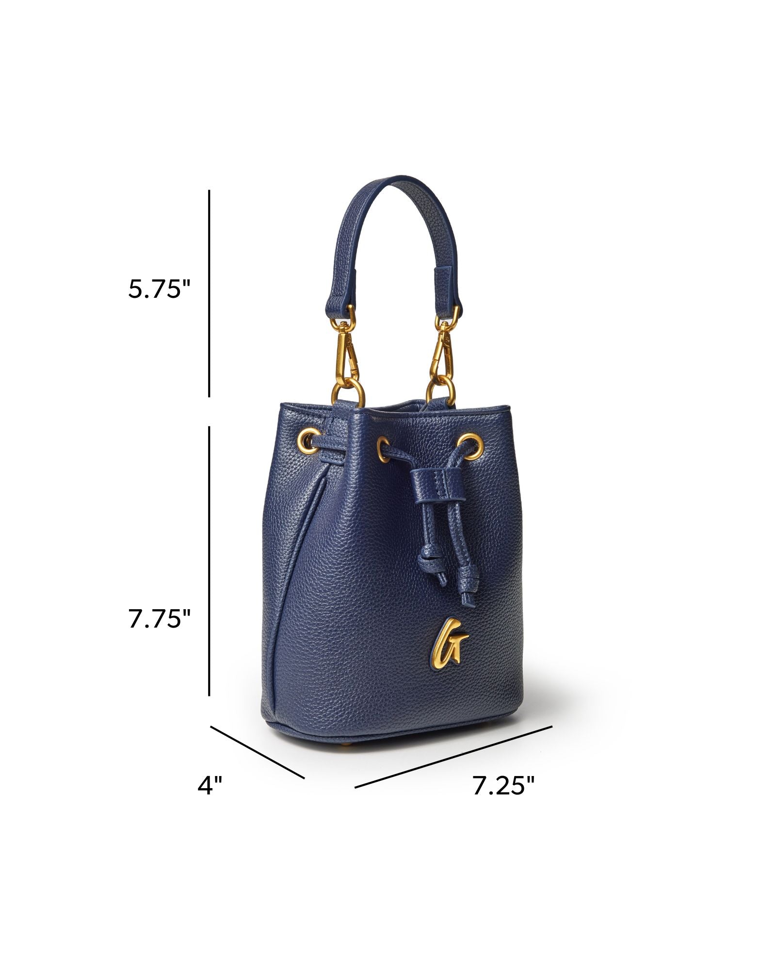 Navy mini pebble bucket bag with gold hardware, featuring a drawstring closure and a stylish handle.