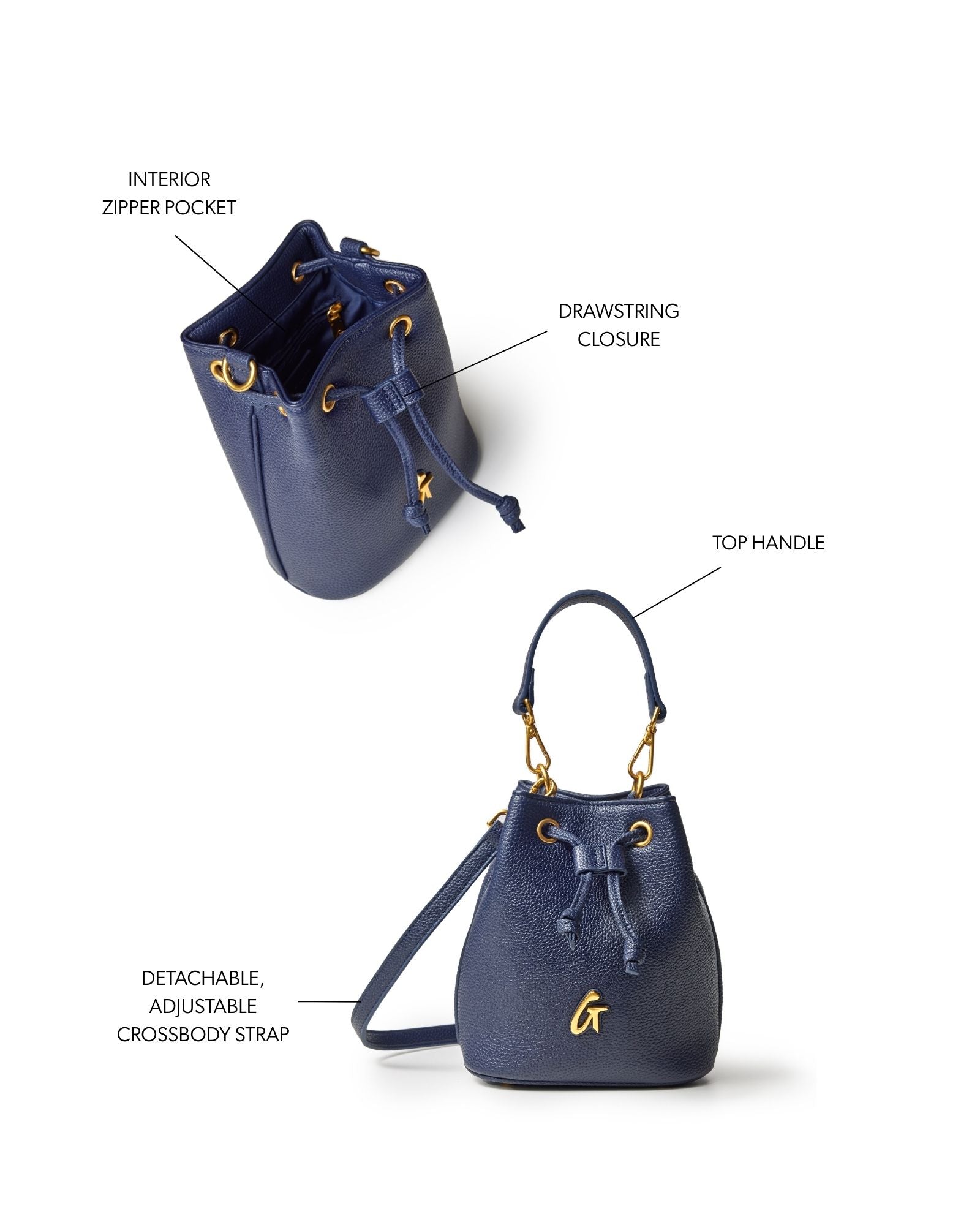 Navy mini pebble bucket bag featuring a drawstring closure, top handle, and adjustable crossbody strap.