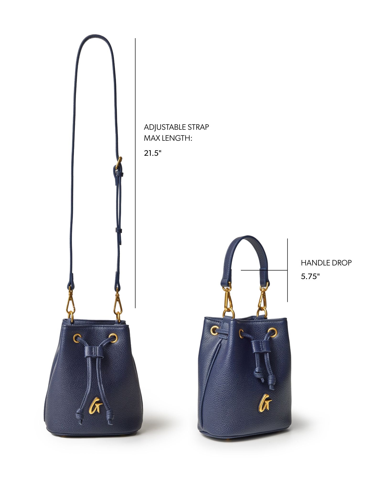 Navy mini pebble bucket bag with adjustable strap and gold accents, ideal for stylish, affordable luxury.