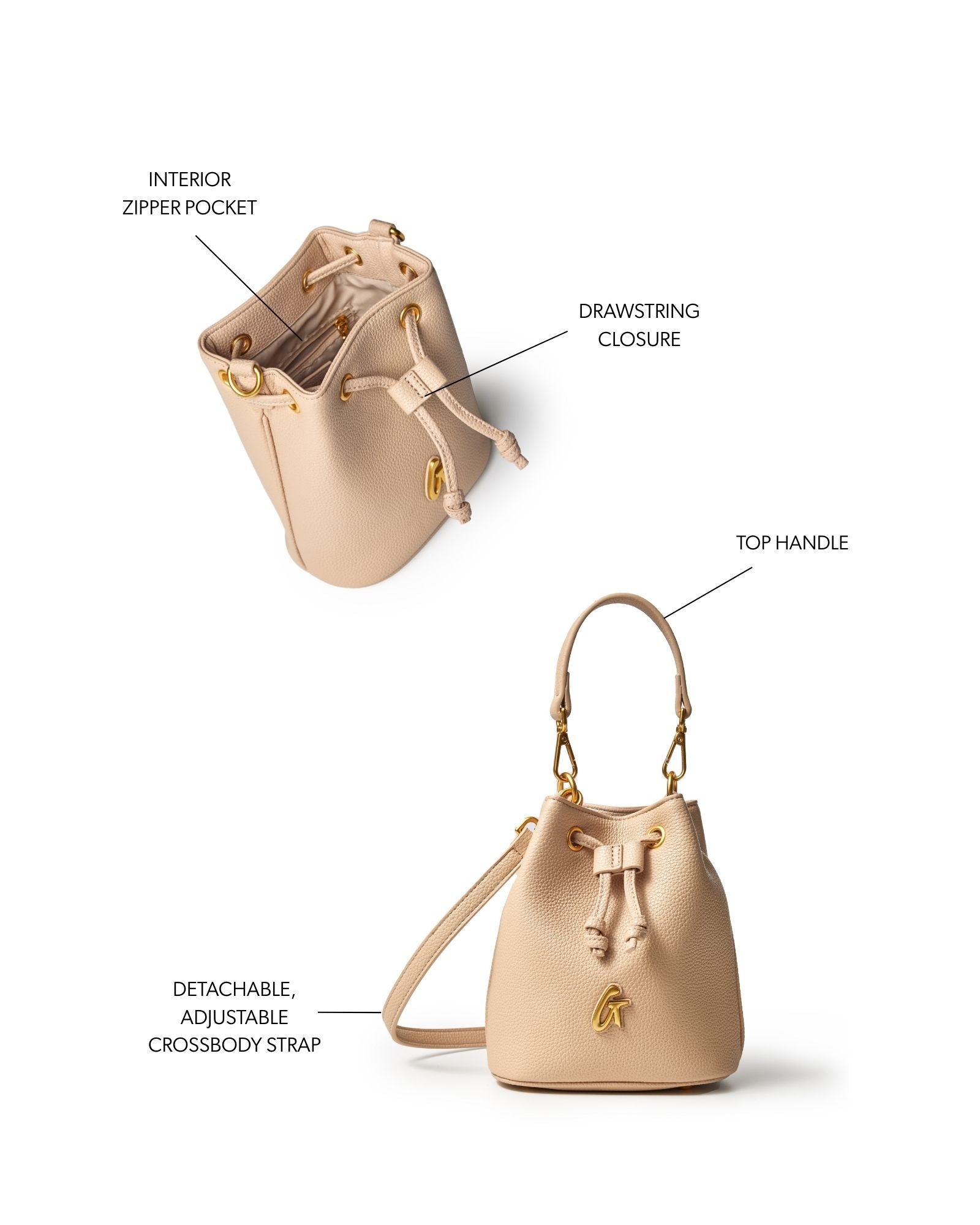 Nude mini pebble bucket bag featuring a drawstring closure, top handle, and detachable adjustable crossbody strap.