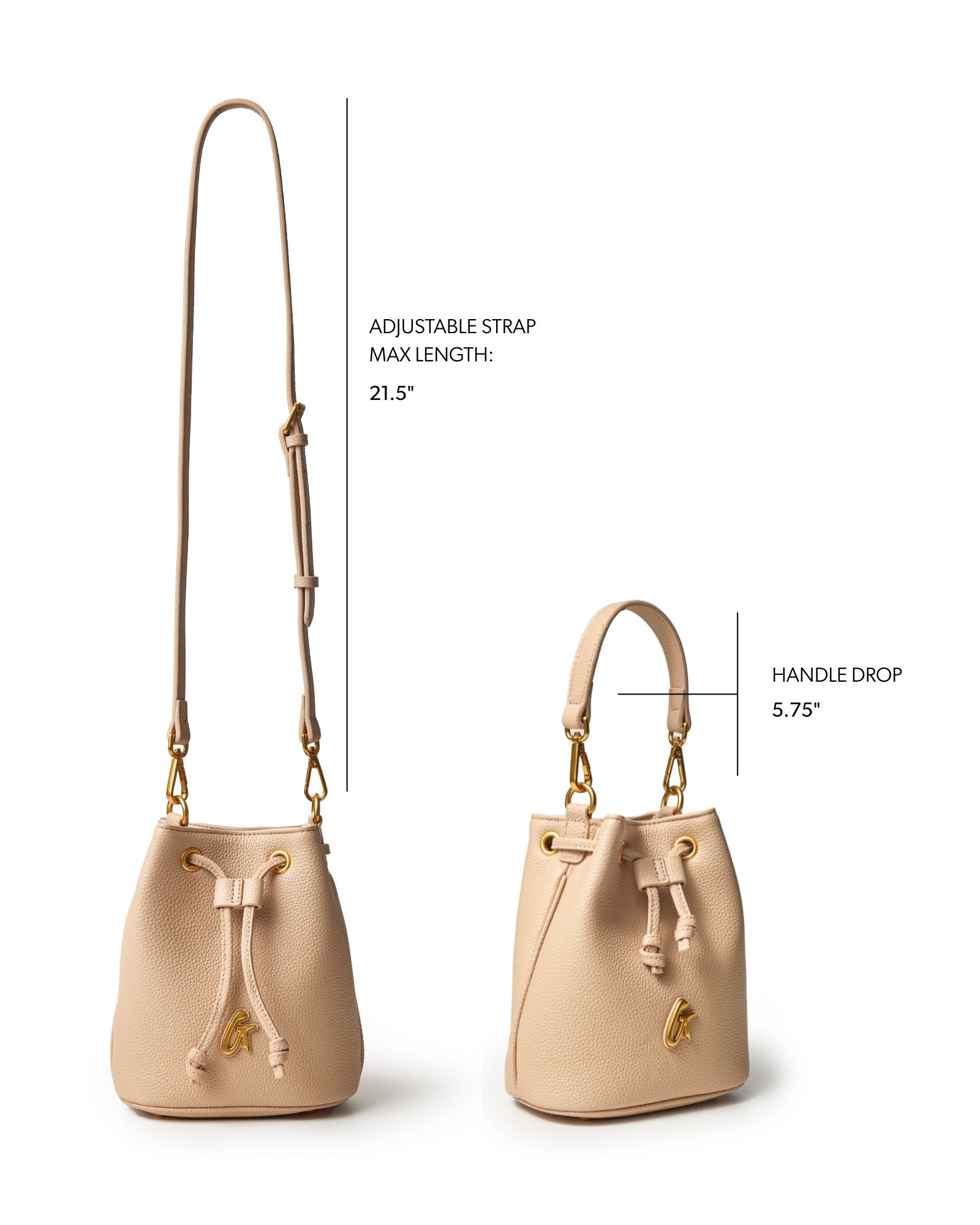 Nude mini pebble bucket bag with adjustable strap and handle drop, showcasing a stylish and versatile design.