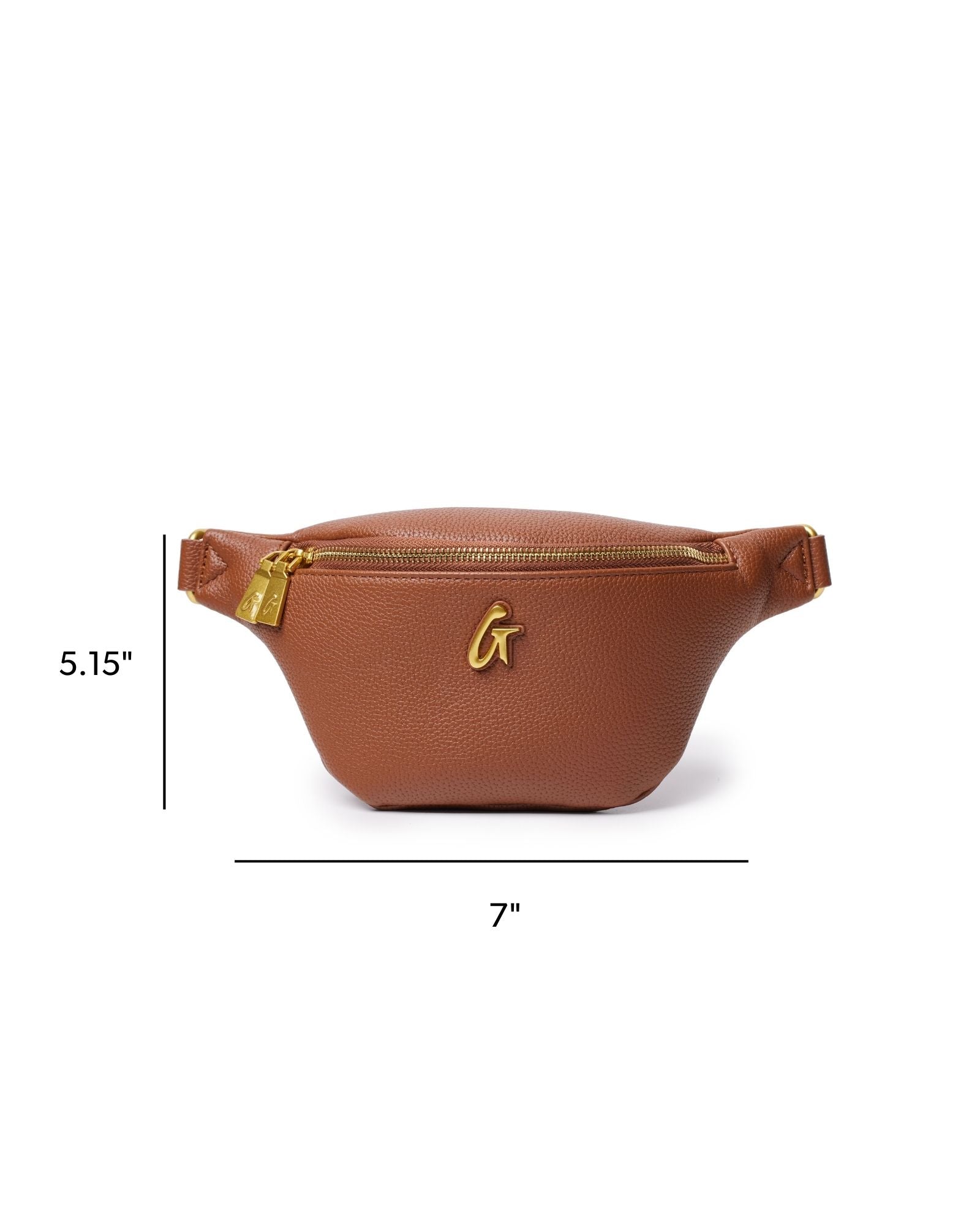 Brown mini pebble fanny pack with gold zipper and logo, measuring 5.15 inches by 7 inches, perfect for stylish convenience.