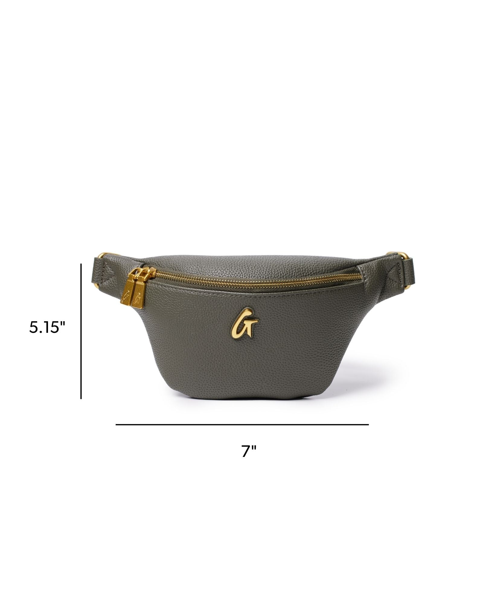 Olive green mini pebble fanny pack with gold zipper and logo, stylish and compact for everyday use.