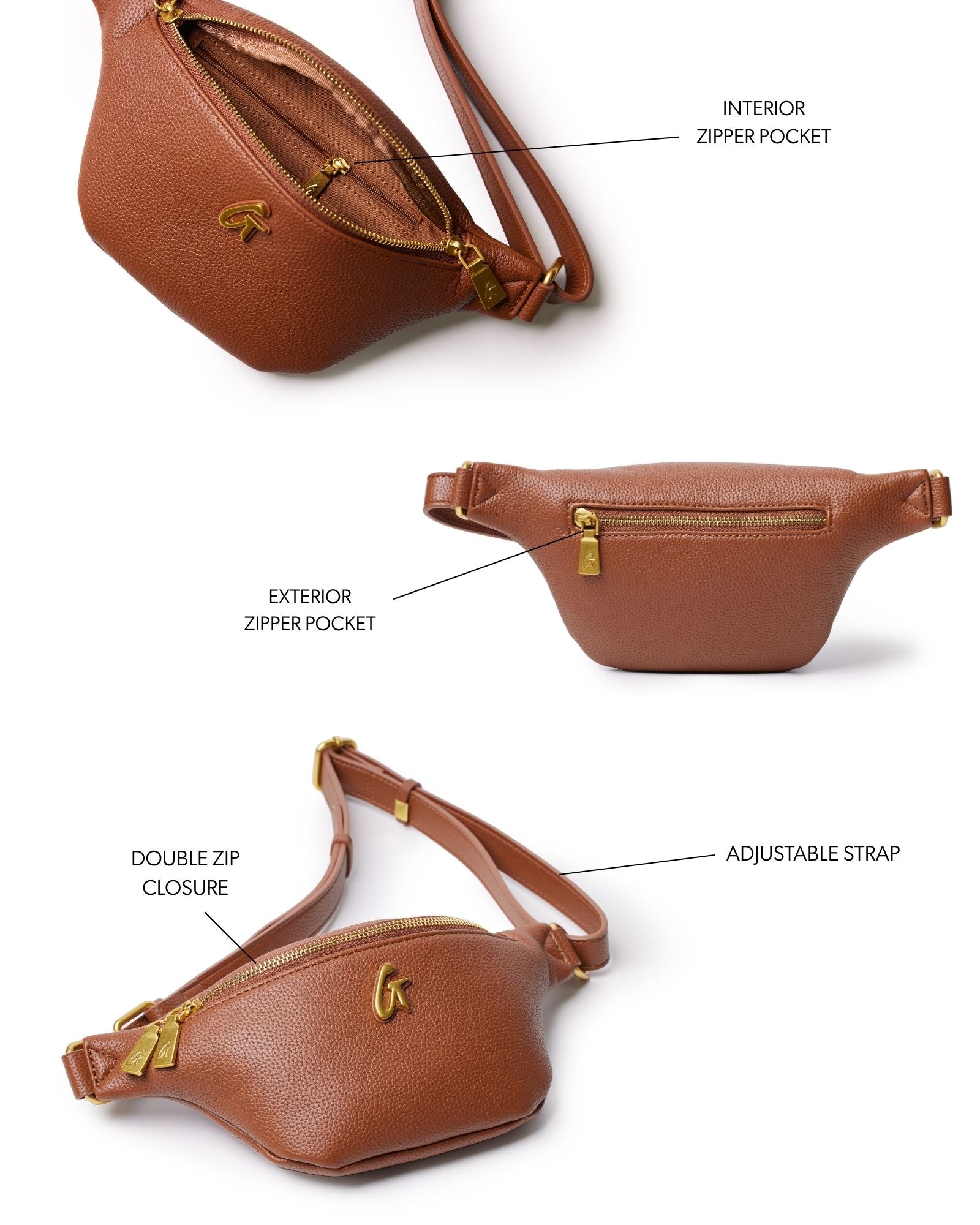 Brown mini pebble fanny pack featuring double zip closure, adjustable strap, and interior and exterior zipper pockets.