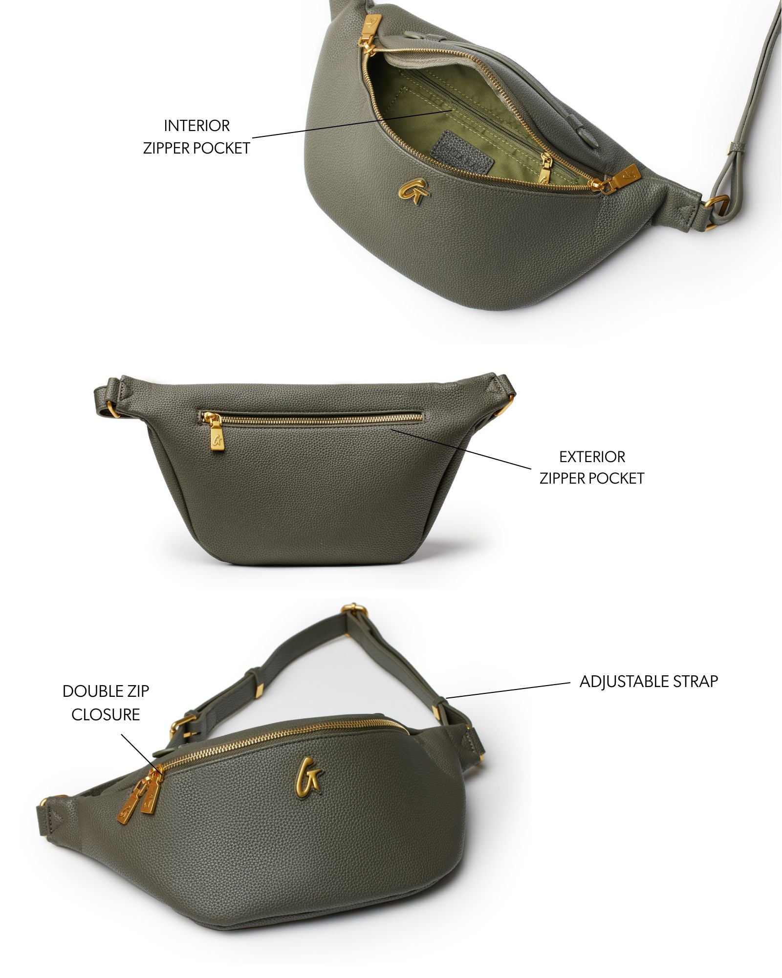 Olive green mini pebble fanny pack featuring gold zippers, adjustable strap, and interior/exterior pockets.
