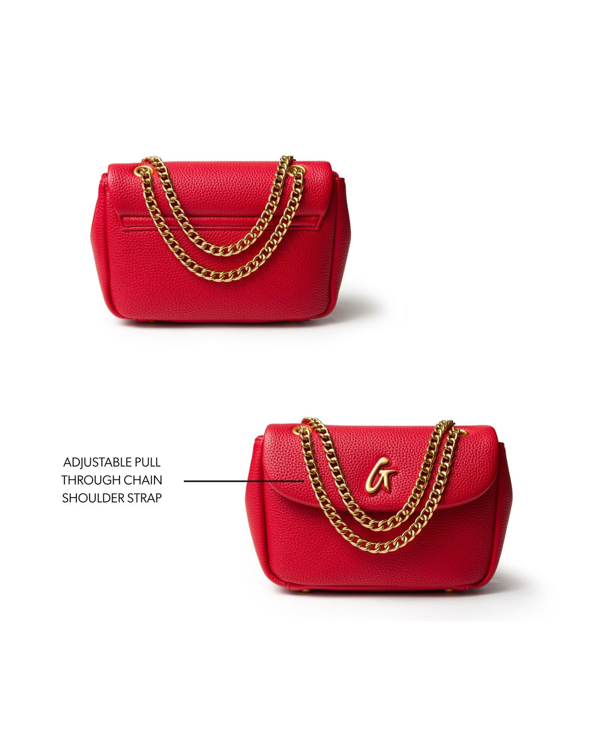 Mini red pebble flap bag featuring a gold chain shoulder strap and a sleek, stylish design for versatile use.