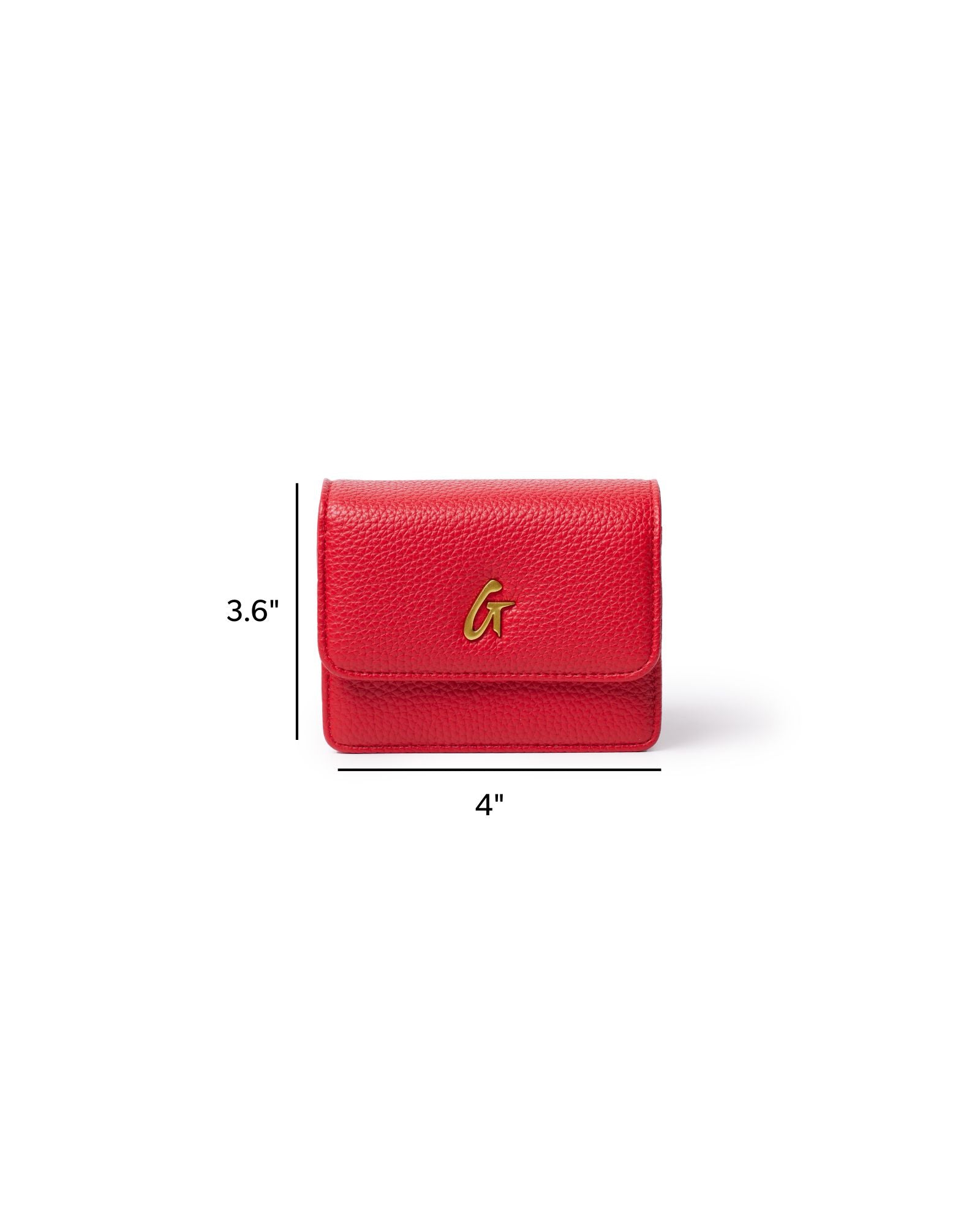 Red MINI PEBBLE WOC handbag featuring a textured finish and gold logo, measuring 3.6 inches by 4 inches.