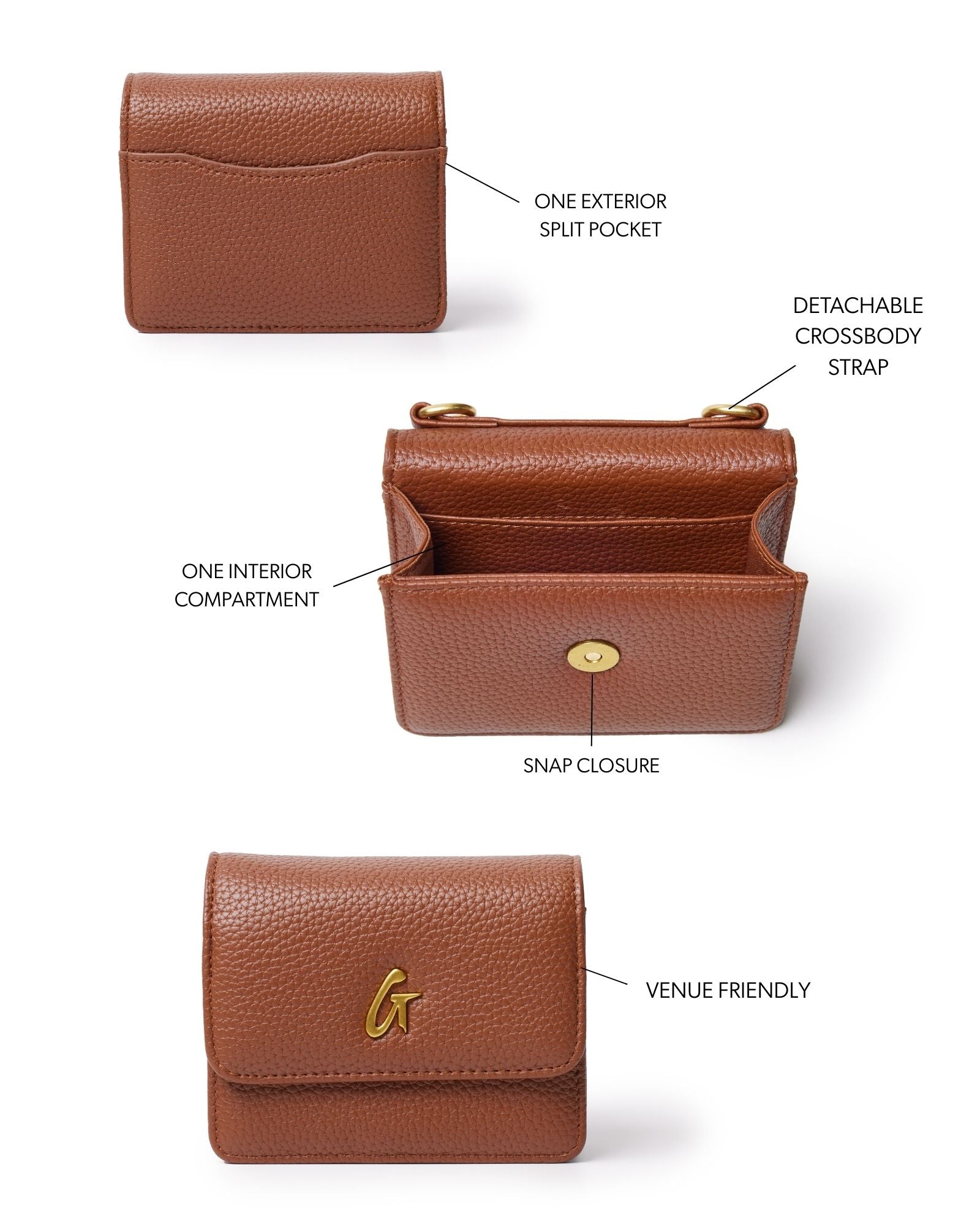 Brown mini pebble wallet on a chain with a detachable crossbody strap, featuring one exterior pocket and one interior compartment.