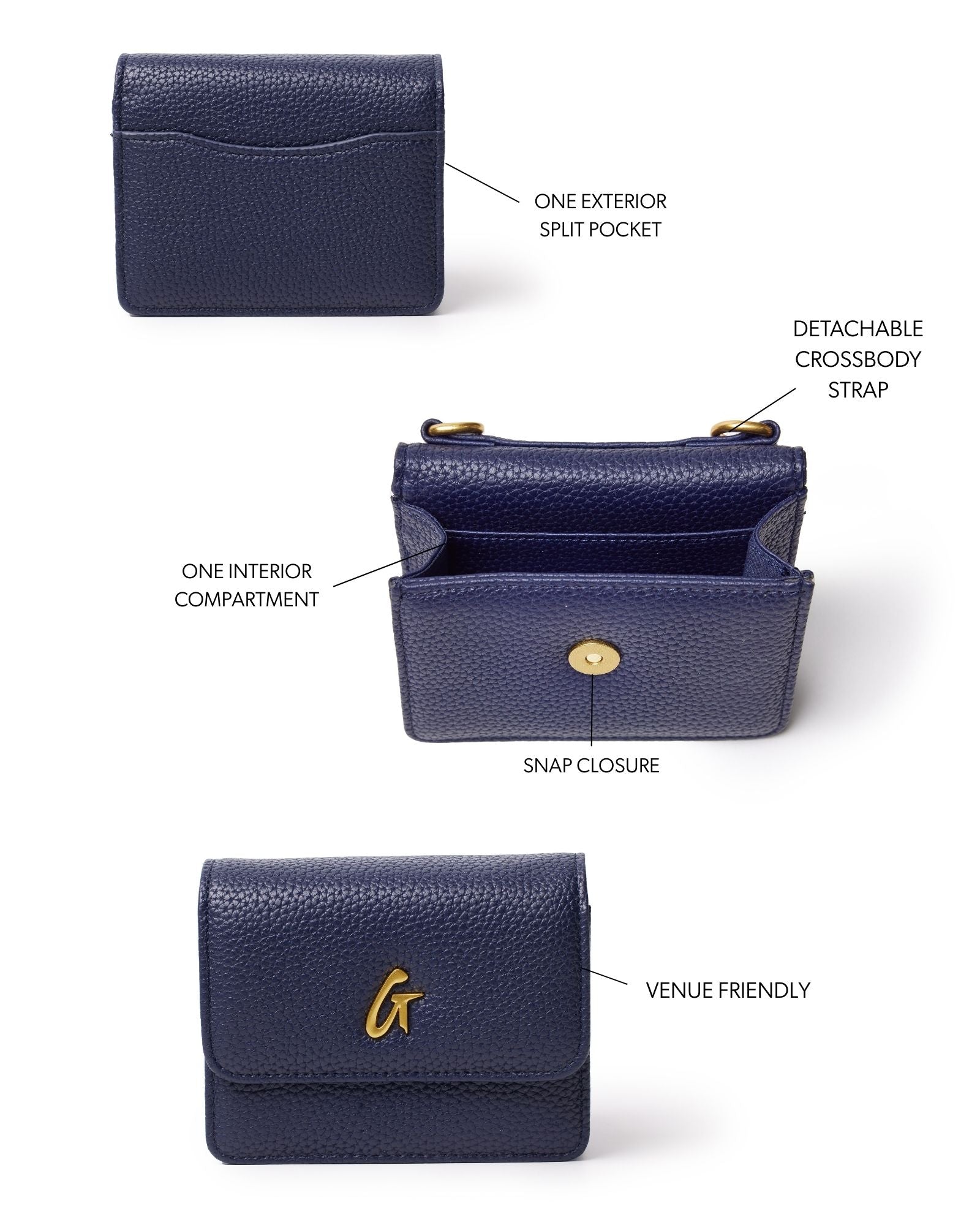 Navy mini pebble wallet on a chain with exterior split pocket, interior compartment, and detachable crossbody strap.