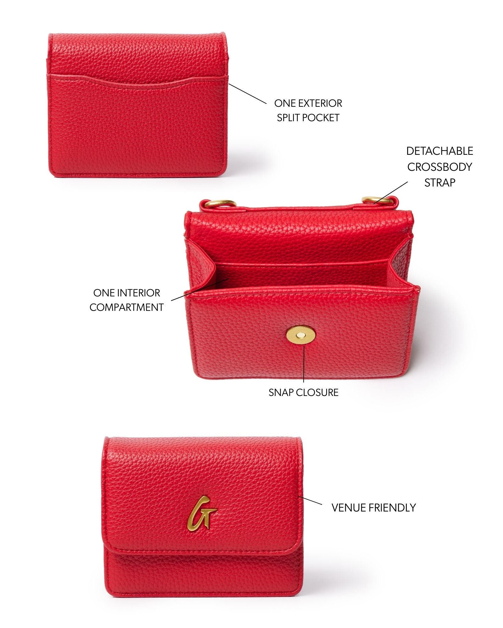Red MINI PEBBLE WOC featuring a snap closure, one interior compartment, and a detachable crossbody strap.
