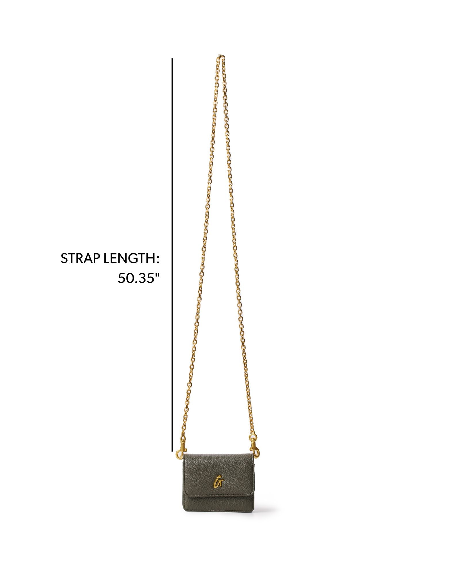 Olive green mini pebble wallet on a chain with a gold-tone strap, measuring 50.35 inches in length.