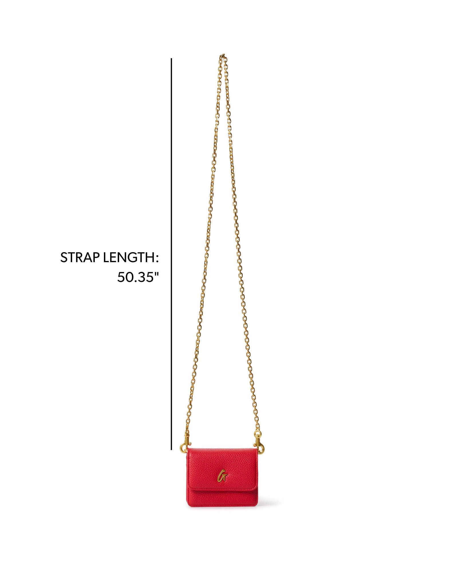 Red MINI PEBBLE WOC handbag with a gold chain strap, showcasing a chic and stylish design for affordable luxury.