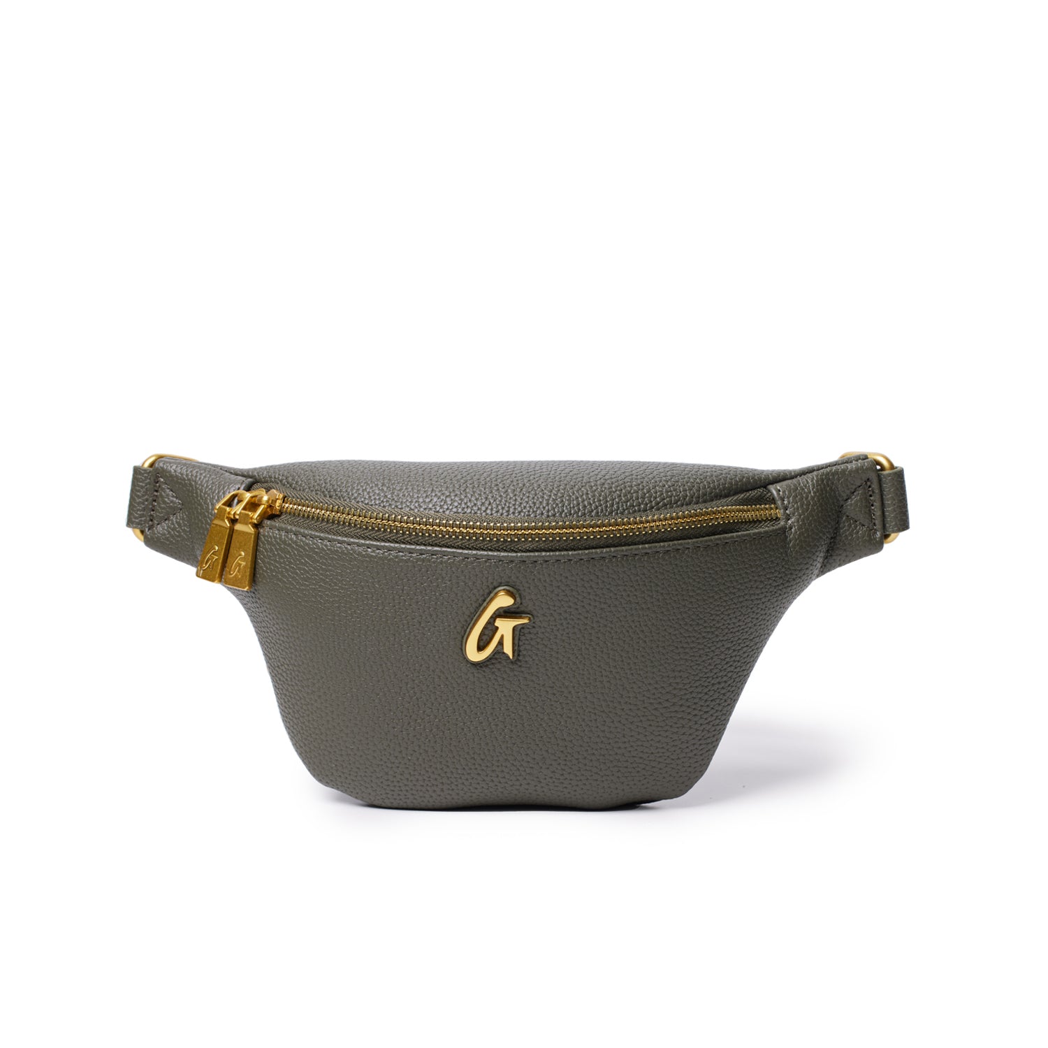 Mini pebble olive green fanny pack with gold zipper and logo, featuring a textured leather finish and adjustable strap.