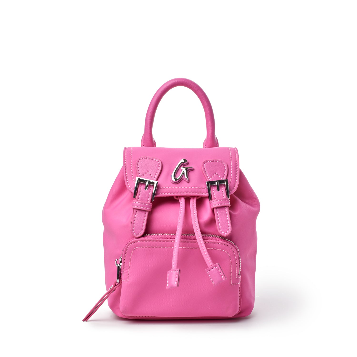 Mini nylon backpack in bright hot pink with front zipper pocket, adjustable straps, and silver hardware accents.