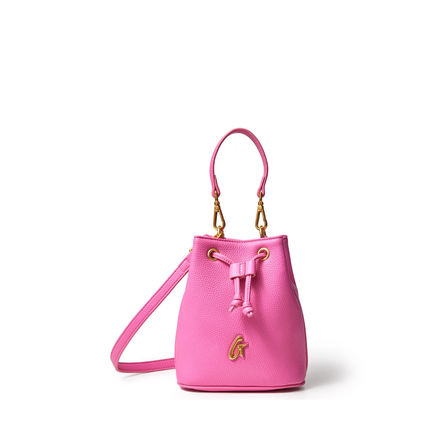 Mini pink pebble bucket bag with gold hardware, drawstring closure, and detachable shoulder strap.