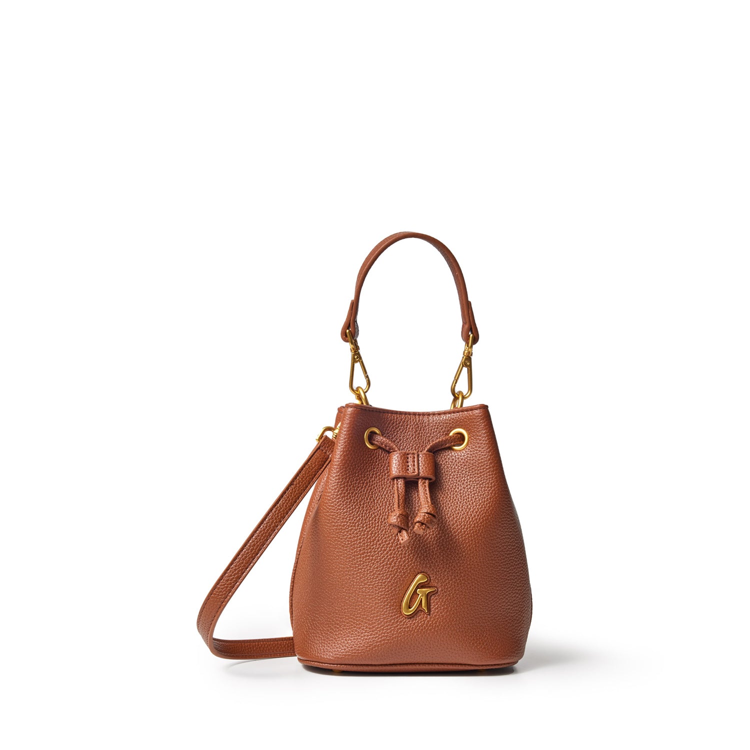 Brown mini pebble bucket bag with a top handle, adjustable strap, gold hardware, and a decorative front letter "G".