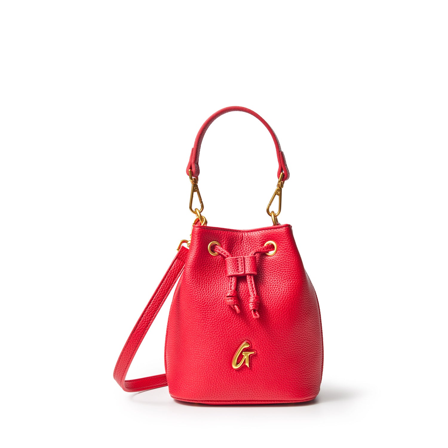 Red mini pebble bucket bag with gold hardware, adjustable strap, and a drawstring closure.