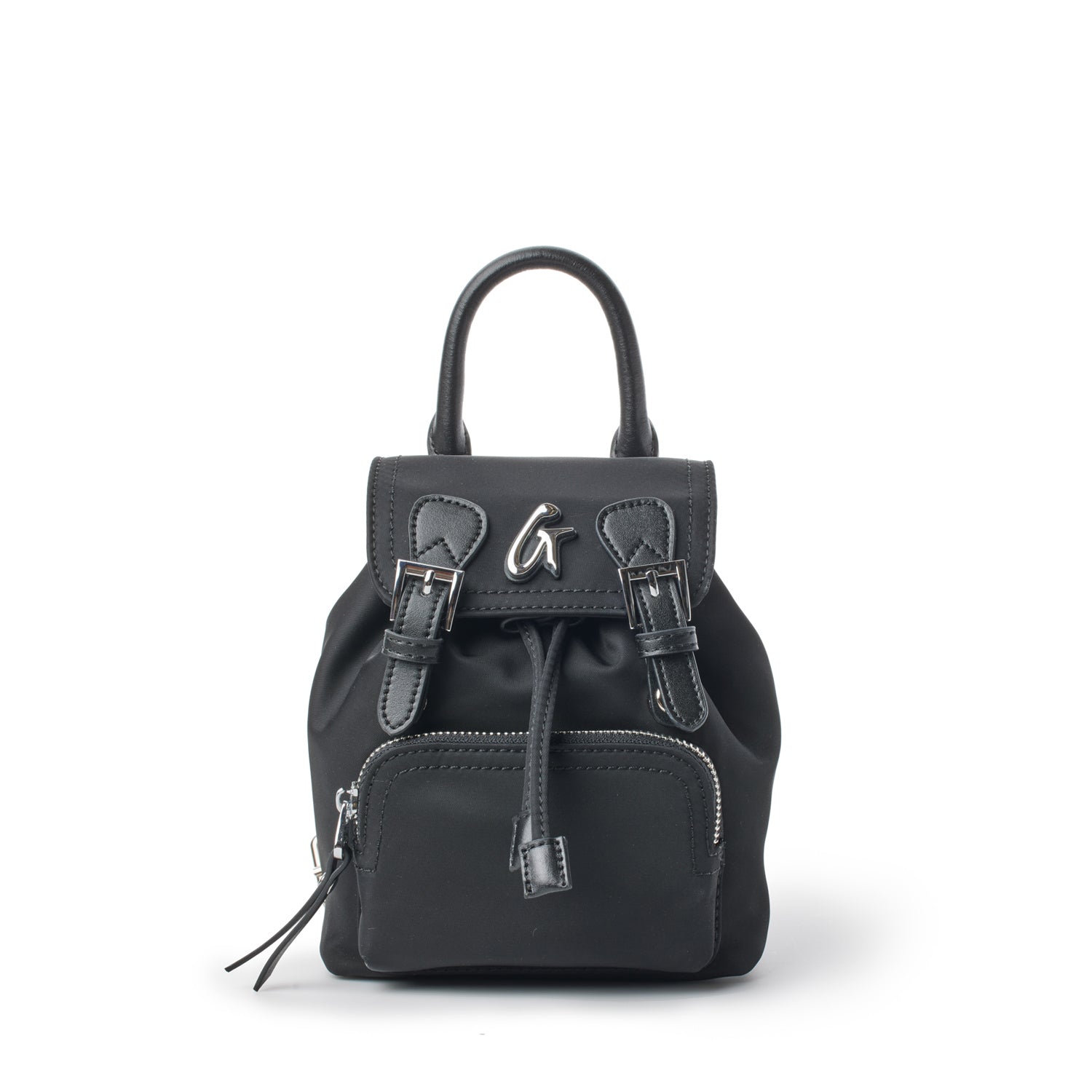 Small black nylon backpack with top handle, front zip pocket, and adjustable straps, featuring silver hardware accents.